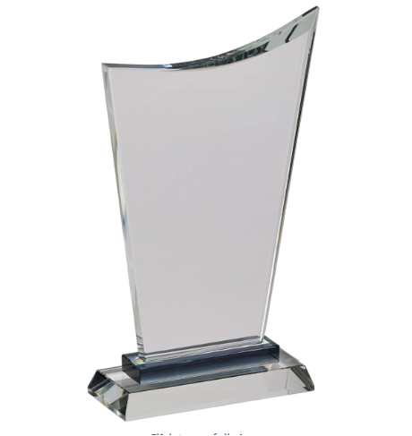 Clear acrylic custom awards displayed on a wooden office desk.