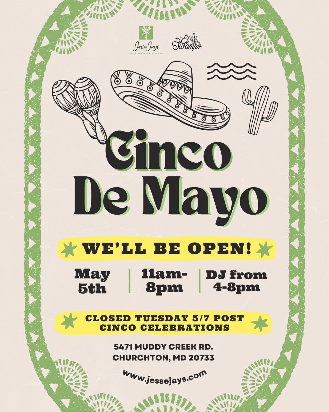 🎉🌮🍹 Get ready for a spectacular Cinco de Mayo celebration at JesseJay's Latin Inspired Kitchen! We're opening at 11 AM Sunday, May 5th, for an all-day fiesta that's too good to miss. 🎶💃

🥳 Join us for the festivities as they kick off with givea