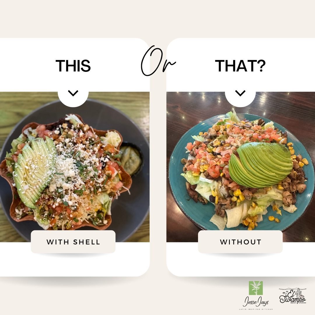 🌮🥗 We're back to our regular schedule with our favorite lunch special! Join us for half-priced taco salads every Thursday from 11am-2pm. How do you prefer yours: with the shell or without? 🤔🥑

#JesseJays #ElSwampo #TacoSaladThursday #LunchSpecial