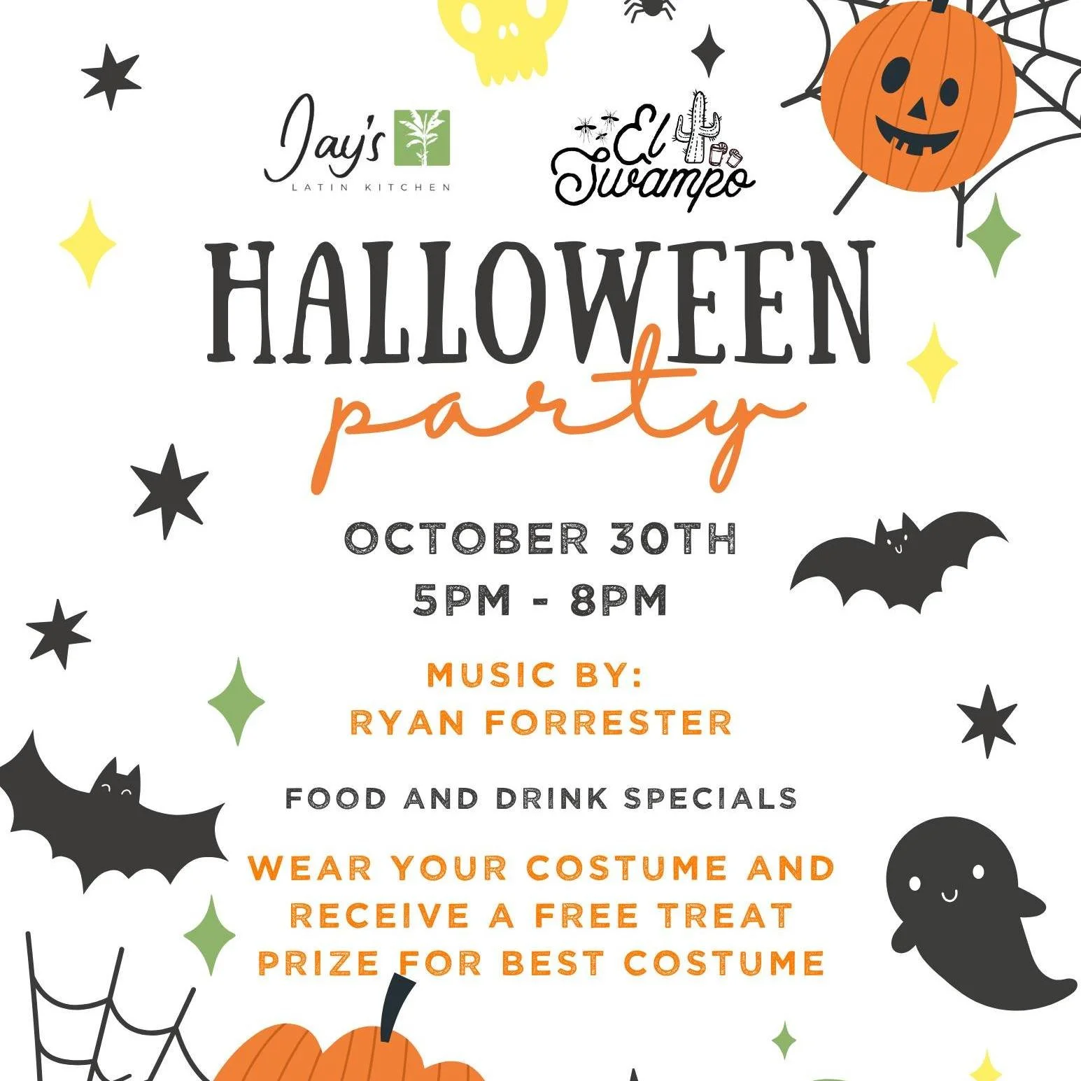 Tomorrow’s the day—our Halloween Party at El Swampo! 🎃 Join us for live music with Ryan Forrester from 5–8pm, food and drink specials, treats for everyone in costume, and a prize for the best costume of the night. Don’t miss