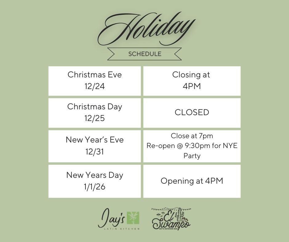 🕒 HOLIDAY HOURS

🎄 Here's a quick reminder of our holiday hours:

🎅 Christmas Eve (12/24): Closing at 4pm
🎁 Christmas Day (12/25): CLOSED
🎉 New Year&rsquo;s Eve (12/31): Close at 7pm, reopen at 9:30pm for the NYE party
🛏️ New Year&rsquo;s Day (