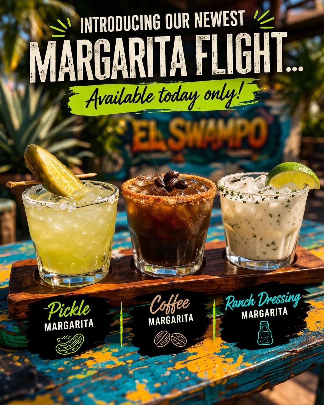 🍹 Introducing margarita flights&hellip;

We&rsquo;ve been working really hard behind the scenes on some bold flavors 👀

✨ Pickle Margarita
✨ Coffee Margarita
✨ Ranch Dressing Margarita

Available today only&hellip;

&hellip;

😅 Okay okay&mdash;Apr