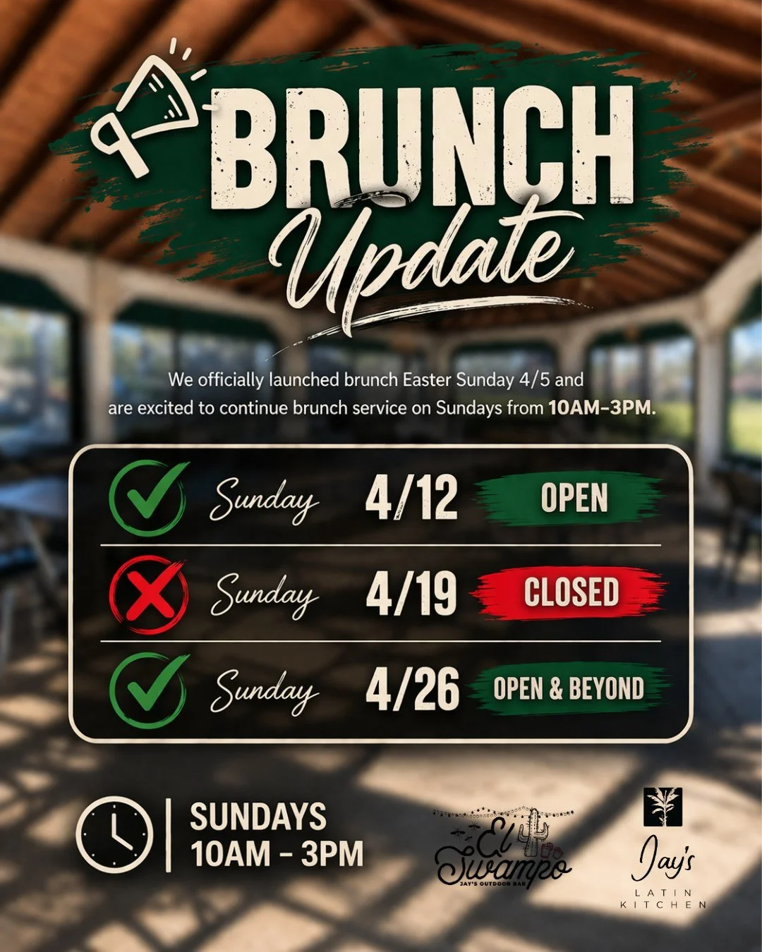 📣 An important brunch update&hellip;

We officially launched brunch this past Sunday (4/5) and are so excited to continue offering it every Sunday from 10AM&ndash;3PM 🥂🍳

However, we&rsquo;ll need to be closed for brunch on Sunday, 4/19.
Our chef 