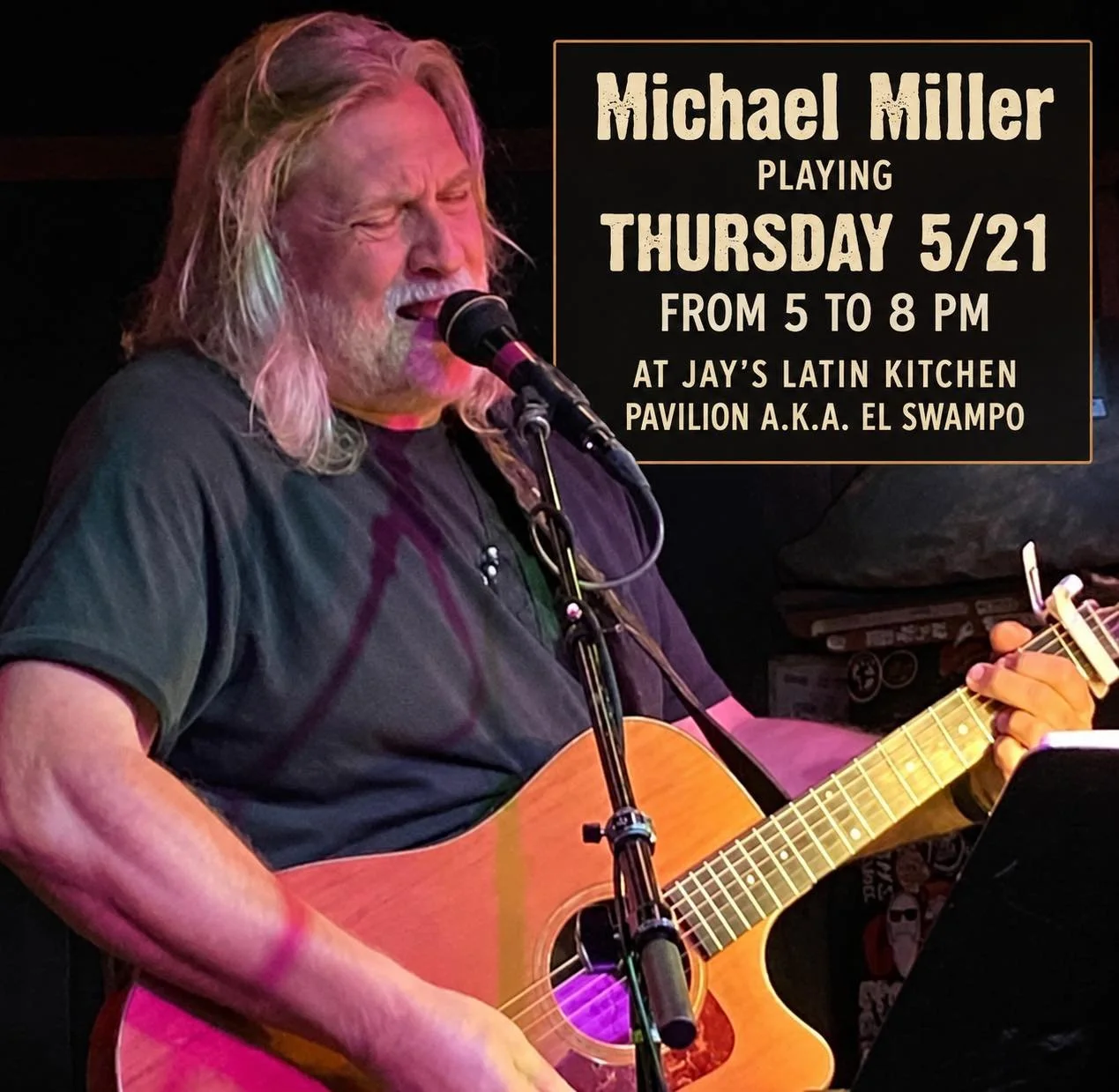 🎶 Live music today at El Swampo! 🎸

Join us tonight from 5&ndash;8PM as Michael Miller brings the tunes, while we keep the tacos and margaritas flowing 🌮🍹

Grab some friends and come hang with us!

#JaysLatinKitchen #ElSwampo #LiveMusic #MichaelM