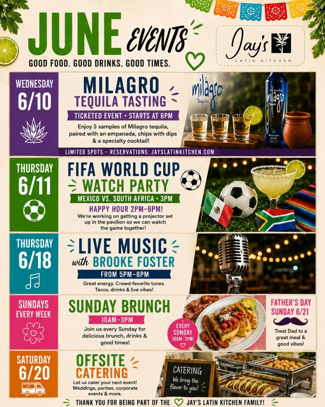 ☀️ June is here and we've got a lot going on!

🍹 Tequila Tasting
⚽ FIFA World Cup Watch Party
🎶 Live Music
🍳 Sunday Brunch
👨 Father's Day
🍽️ Offsite Catering

Which event(s) are you joining us for? 👇

#JaysLatinKitchen #ElSwampo #JuneEvents #Ch