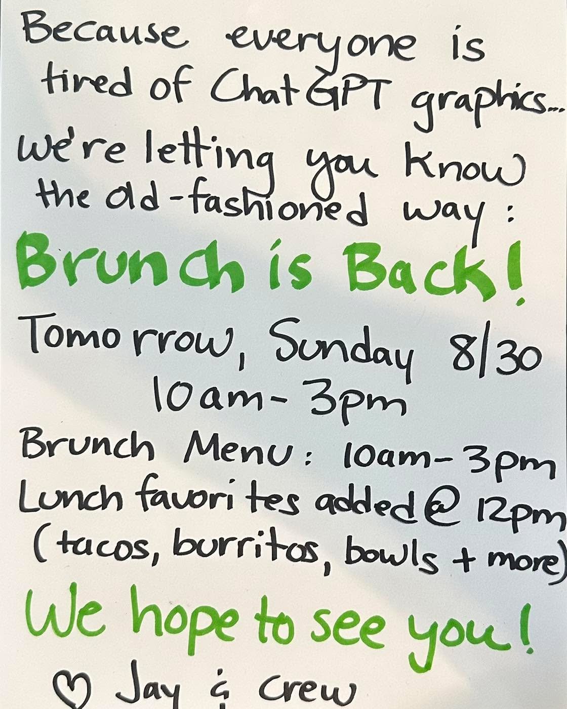 Keeping this one old school, crooked and all. 😂🖊️

Brunch is BACK tomorrow, 10am&ndash;3pm! And starting at noon, we&rsquo;ll add some of your lunch favorites too. 🌮🥂

#JaysLatinKitchen #SundayBrunch #BrunchIsBack #SundayFunday #ChurchtonMD #Sout