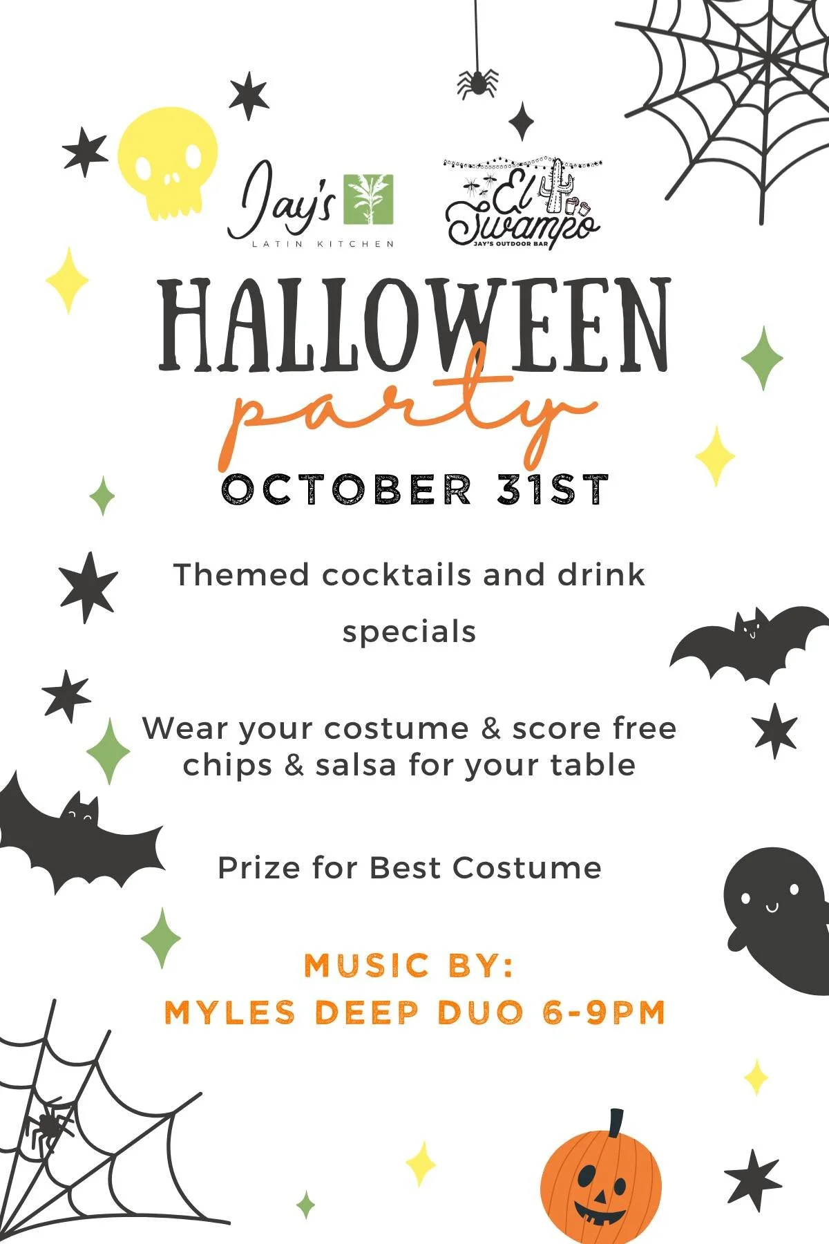 🎃👻 HALLOWEEN PARTY AT EL SWAMPO! 👻🎃

Get ready for a SPOOKTACULAR night at Jay&rsquo;s Latin Kitchen! 🕸️🍹

Join us Saturday, October 31st, from 6&ndash;9 PM for a night of music, cocktails, costumes, and Halloween fun! 🧙&zwj;♀️🦇

🎶 LIVE MUSI