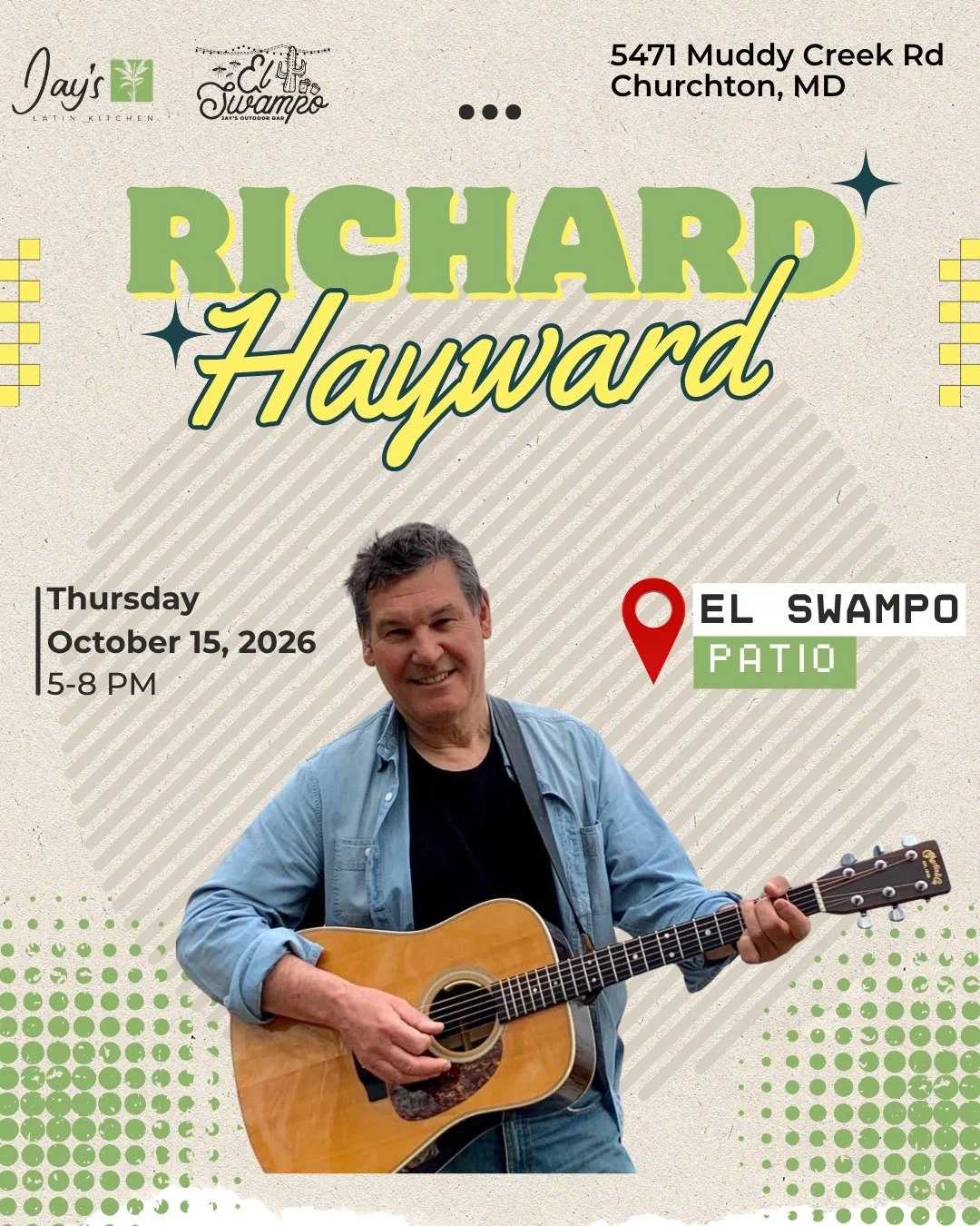 🎶🍹 Looking for something to do tonight?

Join us at El Swampo for live music featuring Richard Hayward from 5&ndash;8 PM! 🎸🎤

Grab some friends, enjoy delicious food and margaritas, and spend your Thursday evening with us! 🌮🍹

It's a little chi