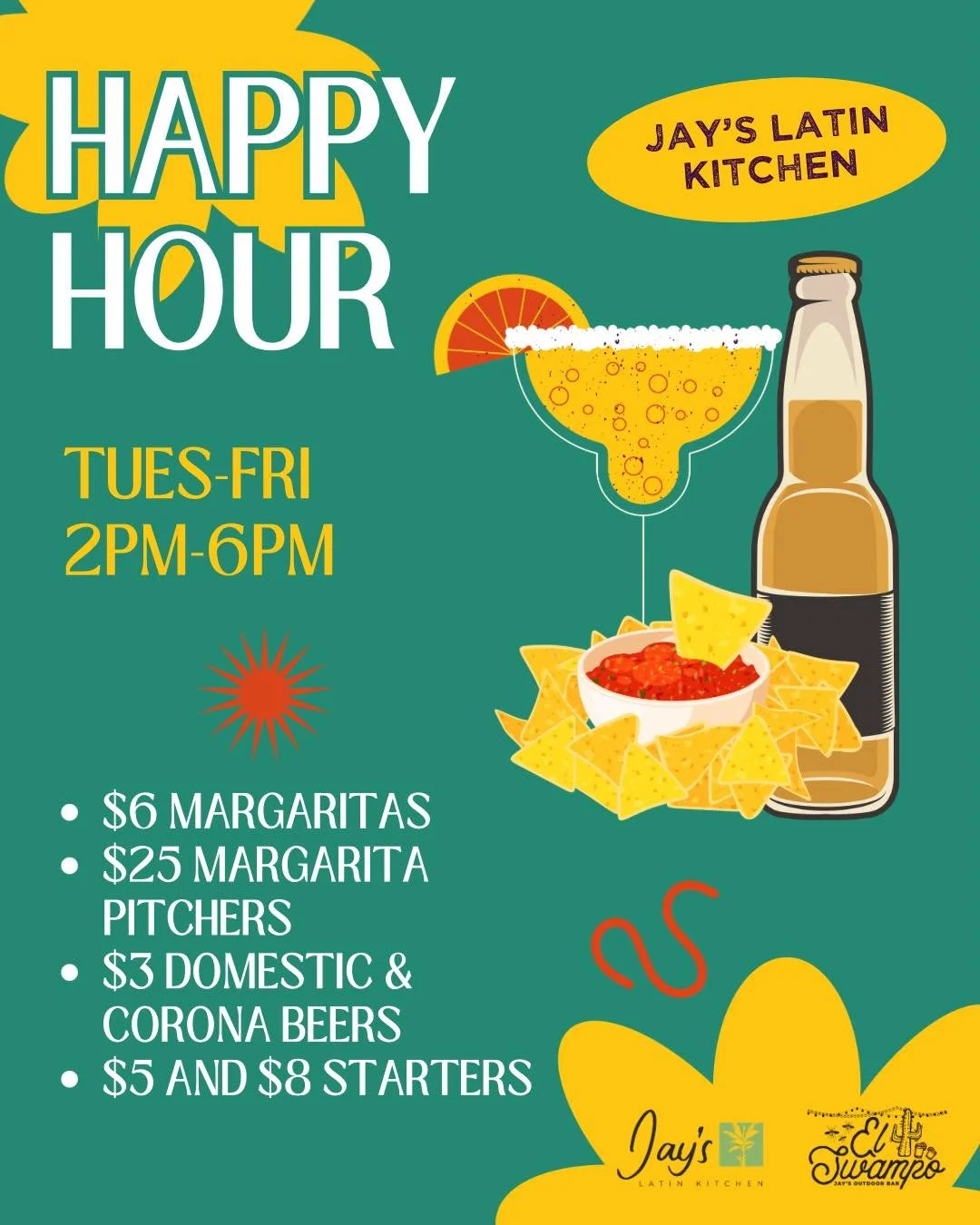 🍹☀️ Beautiful weather calls for margaritas!

We&rsquo;ve got the BEST Happy Hour in town, and it starts at 2PM TODAY! 🎉

Come soak up this beautiful day with us, grab a margarita, and kick off your weekend a little early! 🌴🍹

#JaysLatinKitchen #E