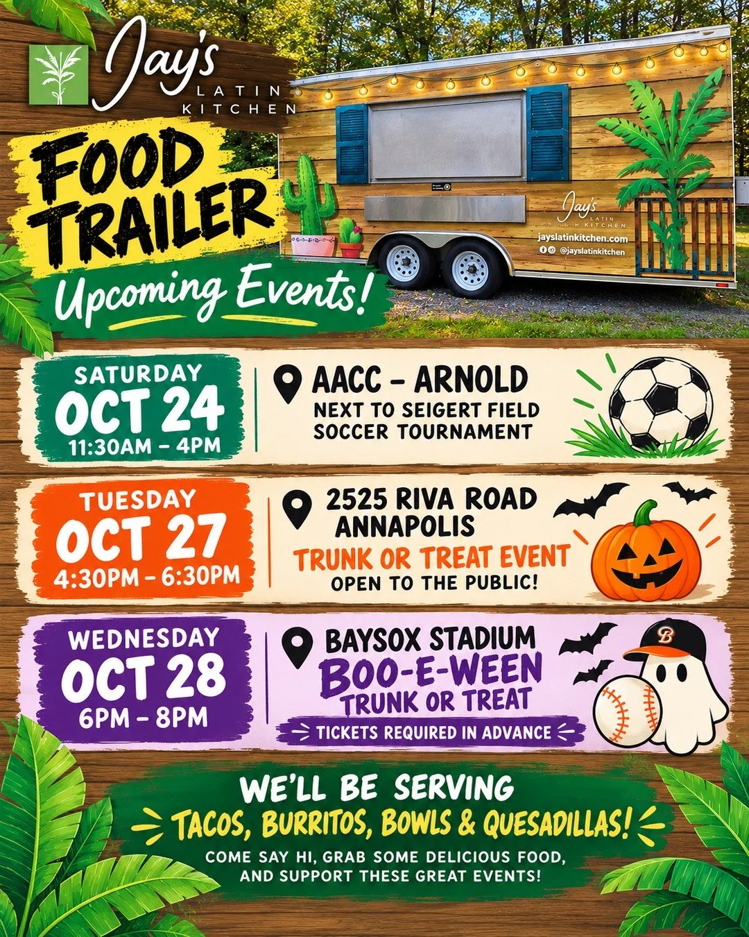 🚚🌮 **JAY&rsquo;S LATIN FOOD TRAILER IS HITTING THE ROAD!** 🎉

We LOVE getting our trailer out on the road, visiting new places, and bringing a little taste of Jay&rsquo;s to more people! 💚

We&rsquo;ve got THREE events coming up in **Arnold, Anna