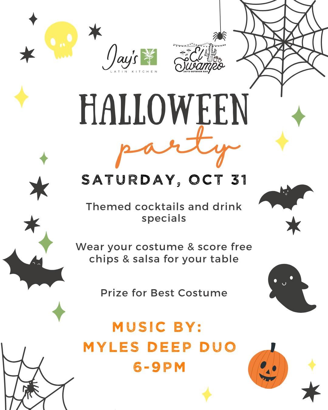 🎃👻 TRICK OR TREAT YOURSELF TO A NIGHT OUT AT EL SWAMPO! 🍹💀

Halloween isn't just for the kids! Who says grown-ups can't dress up, enjoy a few margaritas, and have a little fun?! 😂🎃

We're throwing a HALLOWEEN PARTY at Jay's Latin Kitchen, and w