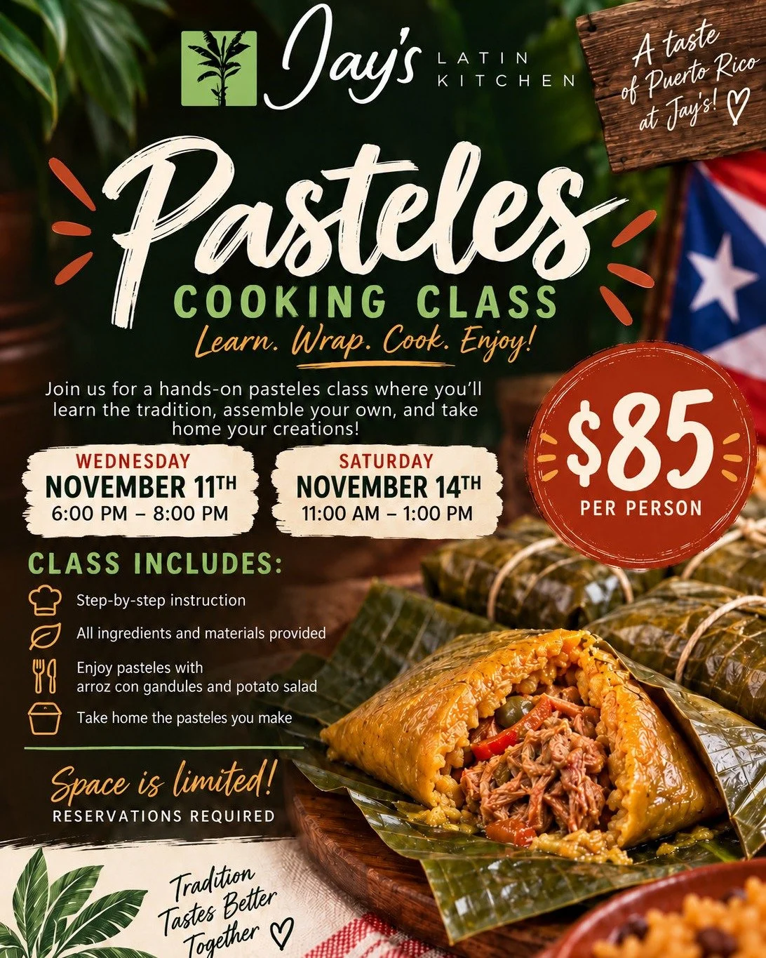 🇵🇷🎄 MORE PASTELES CLASSES ARE HERE! 🫔💚
Our first two Pasteles Making Classes were such a success that we've added TWO MORE DATES! 🙌🏽

📅 Wednesday, November 11th | 6&ndash;8 PM
📅 Saturday, November 14th | 11 AM&ndash;1 PM

We're keeping each 