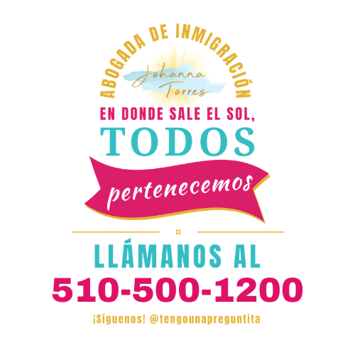 Logo de una firma de abogados de inmigración con texto en colores rosa, azul y dorado que promueve contactar llamando al 510-500-1200, con nota para seguir en Instagram.
