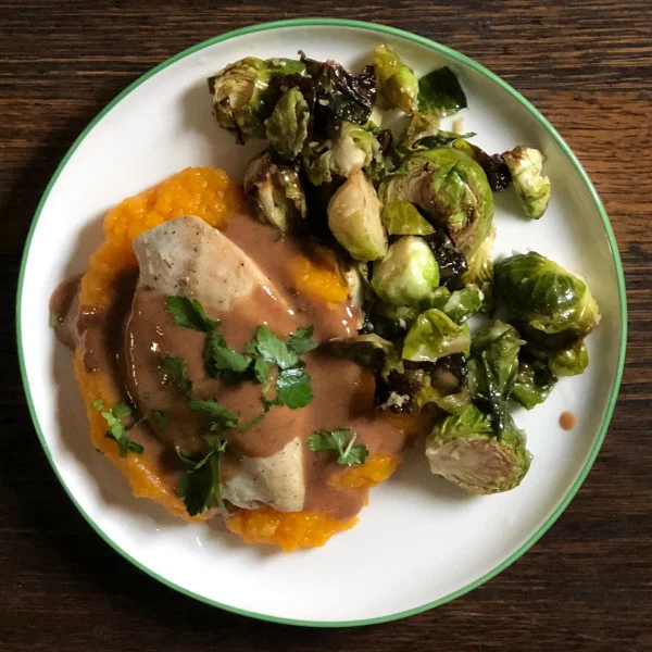 Chicken Marsala with Mashed Butternut Squash and Garlic Brussels Sprouts