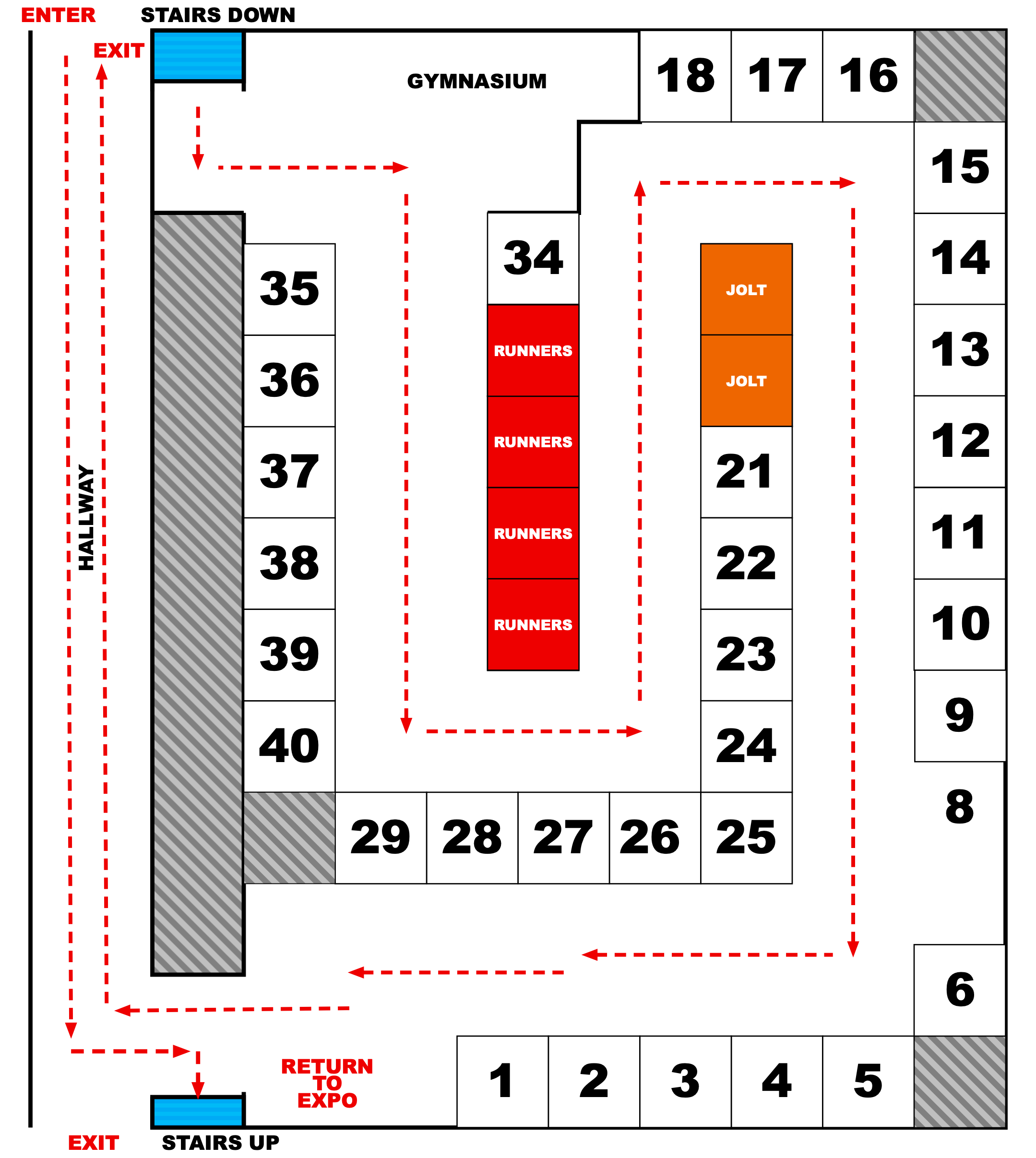 A floor plan of a venue with marked paths for entrance, exit, and parking, featuring numbered sections and areas labeled for different purposes.