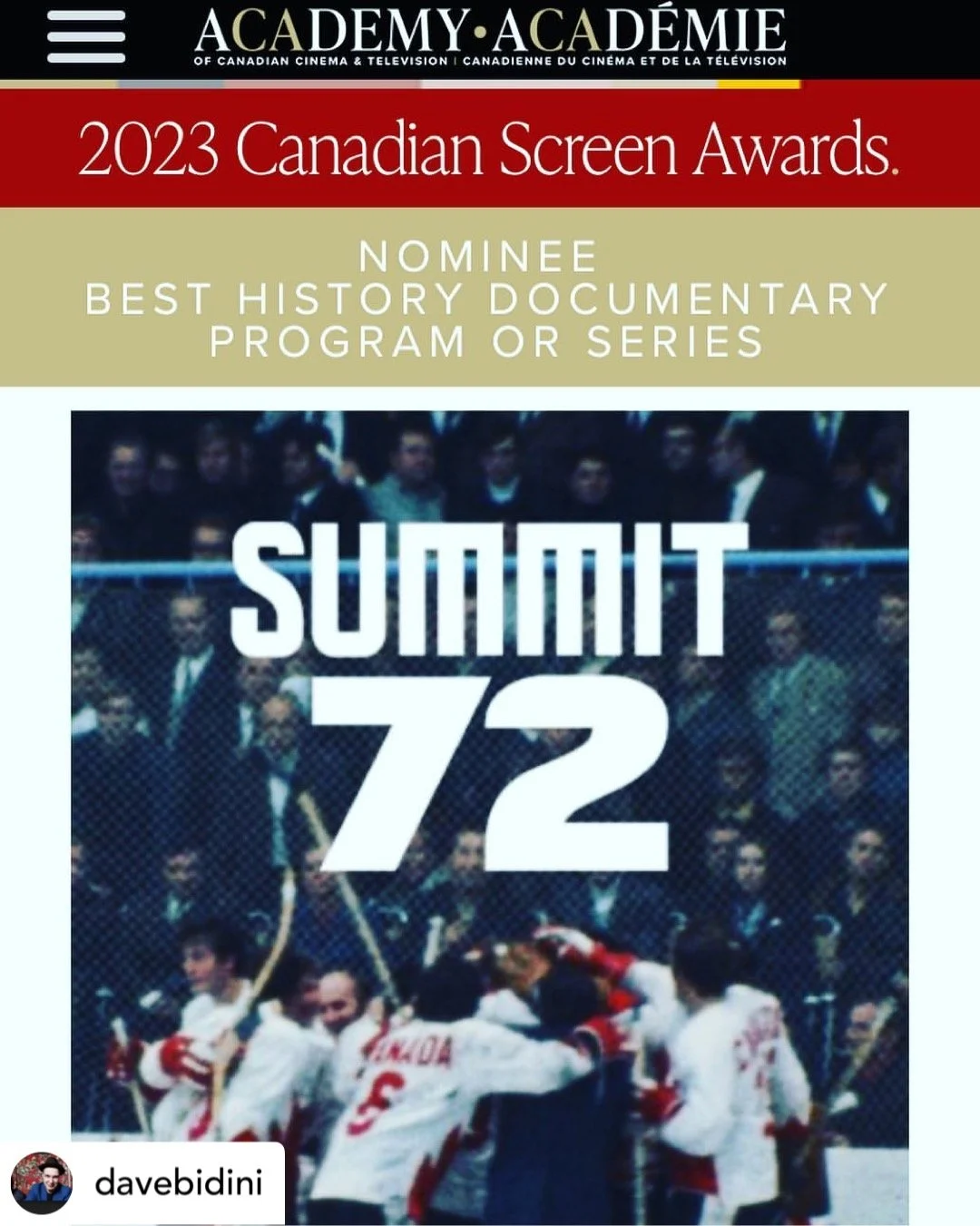 Summit 72 nominated for a Canadian Screen Award (2023)