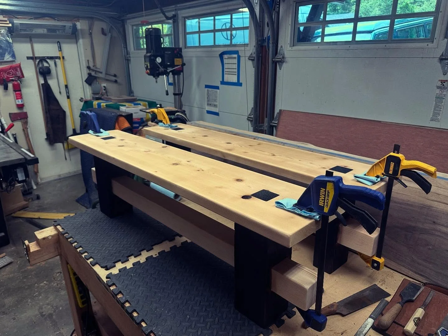 Couple salvaged Fir/Cedar benches in process today.  Legs charred, fortunately not my house.  #wip #bench #outdoorfurniture #cedar #fir #haveaseat