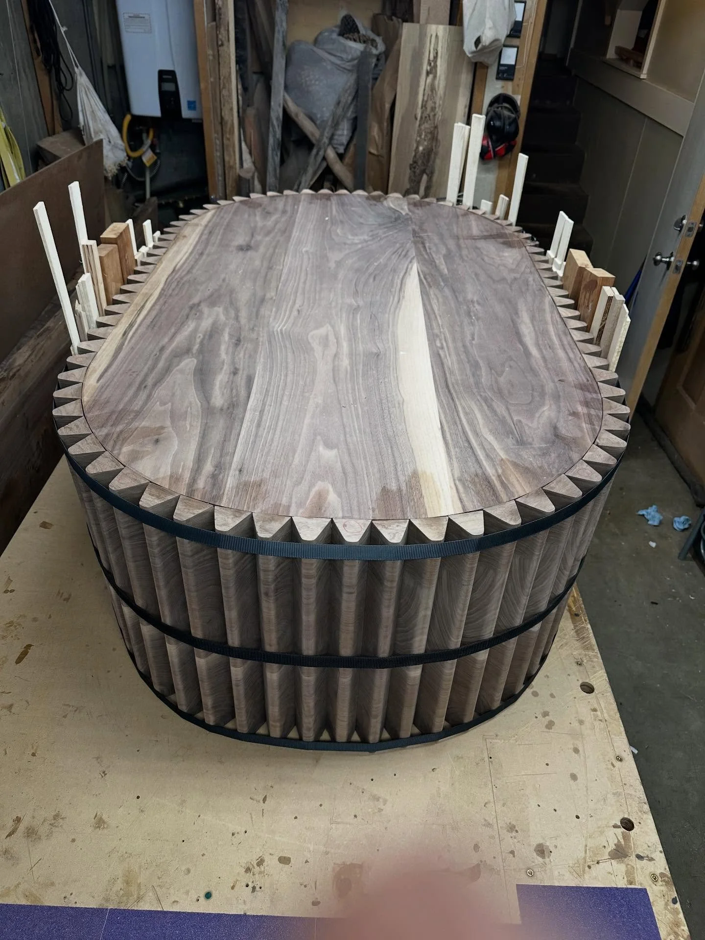 There are glue ups, and then there are GLUE UPS.  I&rsquo;m tired.  #glue #glueup #woodworking #noclamps #ratchet #woodworking #portland #is #fine