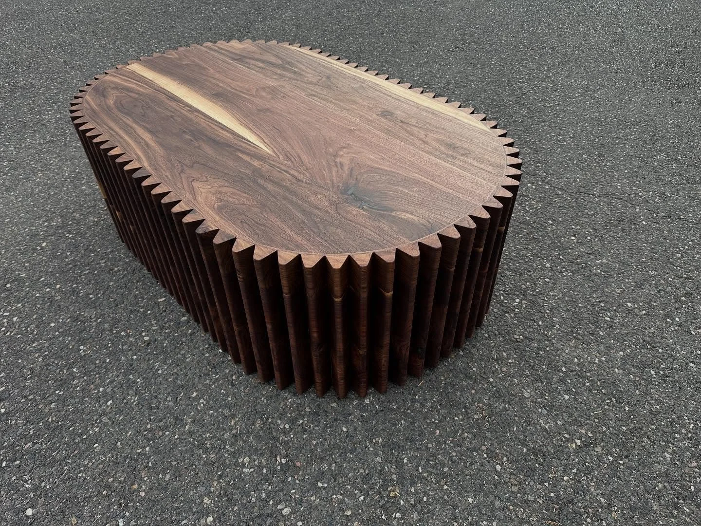 I present to you, the &lsquo;Armadillo&rsquo;. A coffee table/bomb shelter.  Solid walnut with poplar frame.  Triangular exterior pickets cut from a single piece, for a continuous grain flow around the piece.  Commissioned by local pnw design firm @r