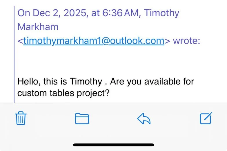 Just your friendly scam alert to my fellow tradespeople. Repeat offender here.  See email address and take note.  #scam #furniture #woodworking