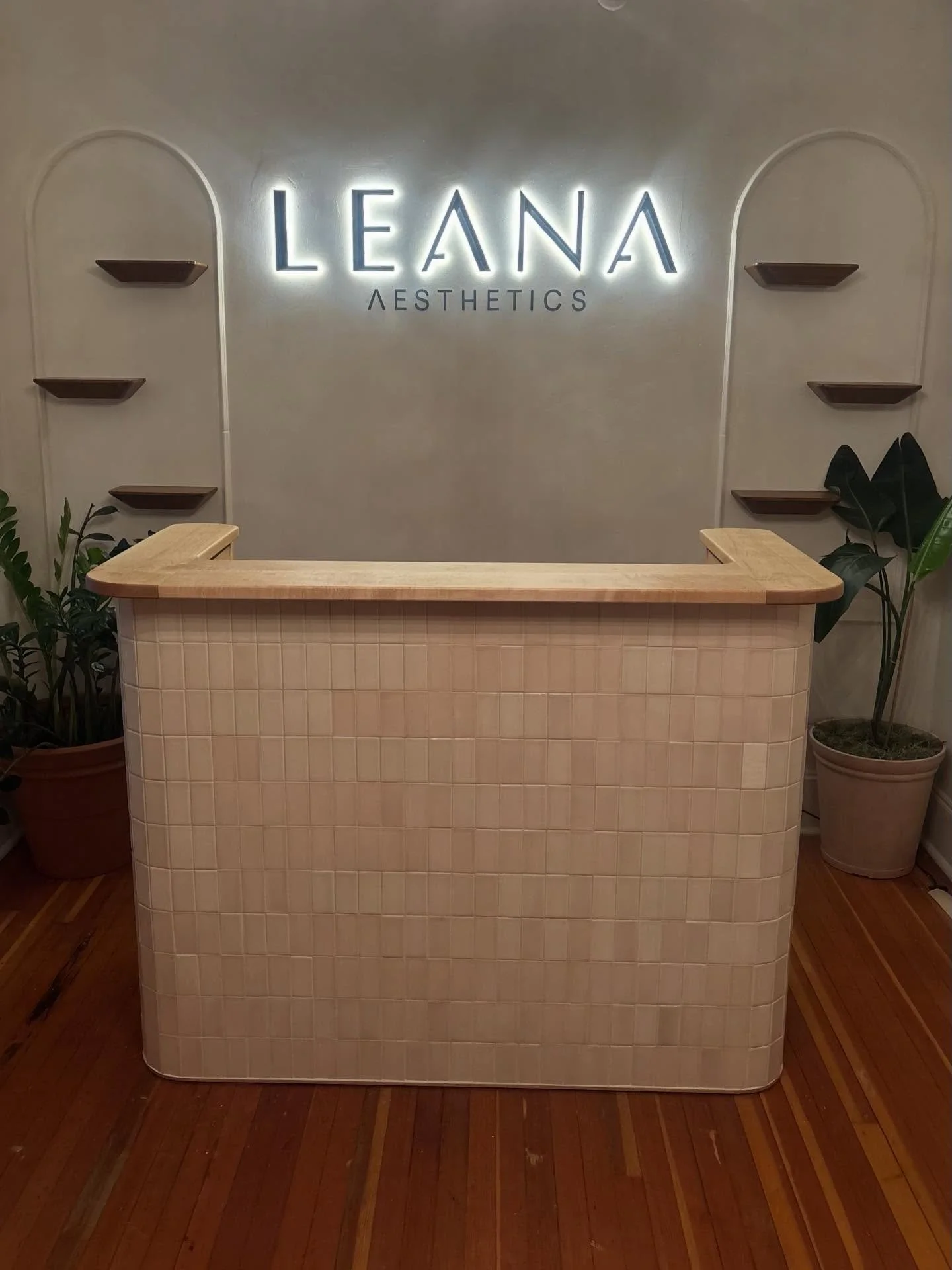 Reception Desk I recently finished for @leana.aesthetics  Beautiful design based on her inspiration.  Best decision I&rsquo;ve made all year was having @yura.zu do the tile work on front (instead of me). Lots of steam and kerf bending on the wood sid