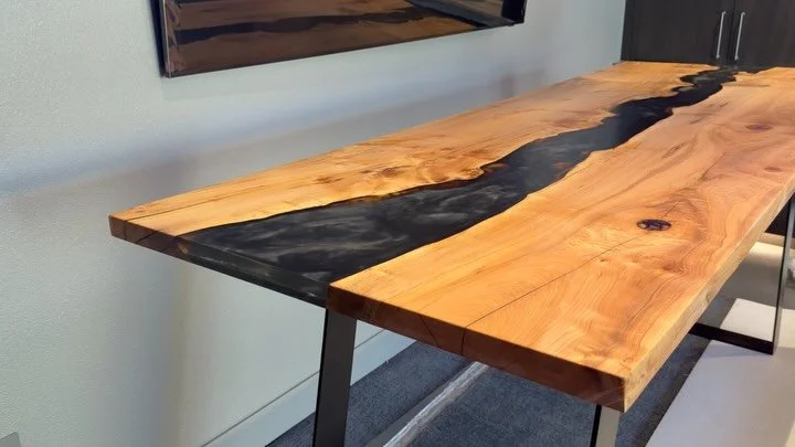 Finally got to assemble and move this bar table into its home on Friday! The space isn&rsquo;t completely finished yet, so more finished pics to come soon.  Live edge maple slabs from @gobywalnut with @superclearepoxy and @ecopoxy pigments. Legs by @