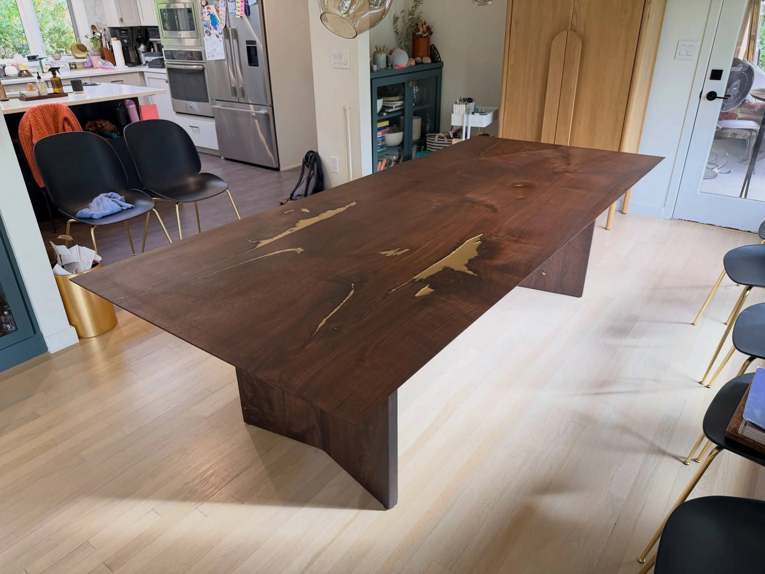Delivery of the Goldi Locks table today! Everything about this one is &lsquo;just right&rsquo;. Made from exquisite Oregon Black Walnut slabs taken from a tree in the client&rsquo;s yard.  Gold effect was a very difficult application for the resin in