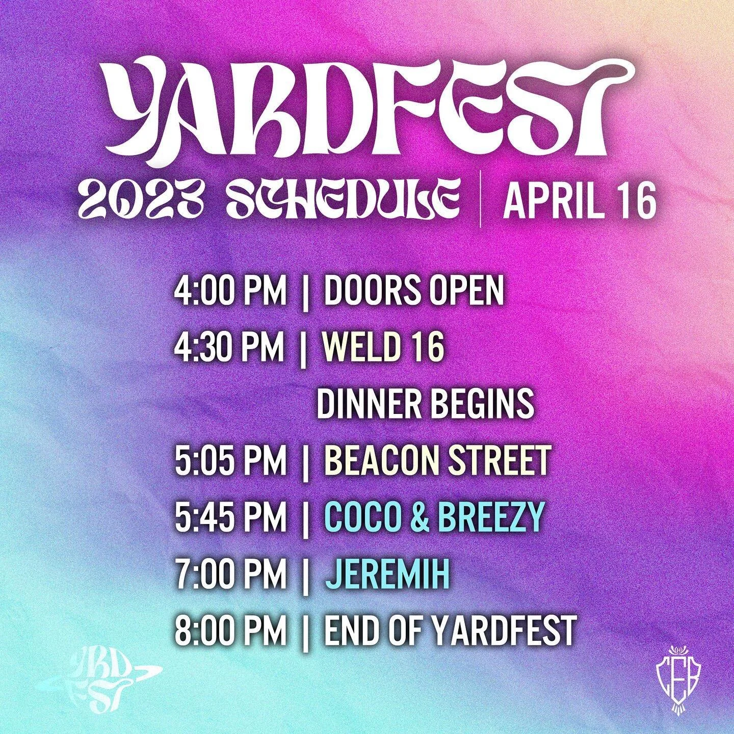 today&rsquo;s the day! here is the general yardfest schedule for today. 
clarification: at 7:30 pm, there will be to-go boxes for students getting dinner.
