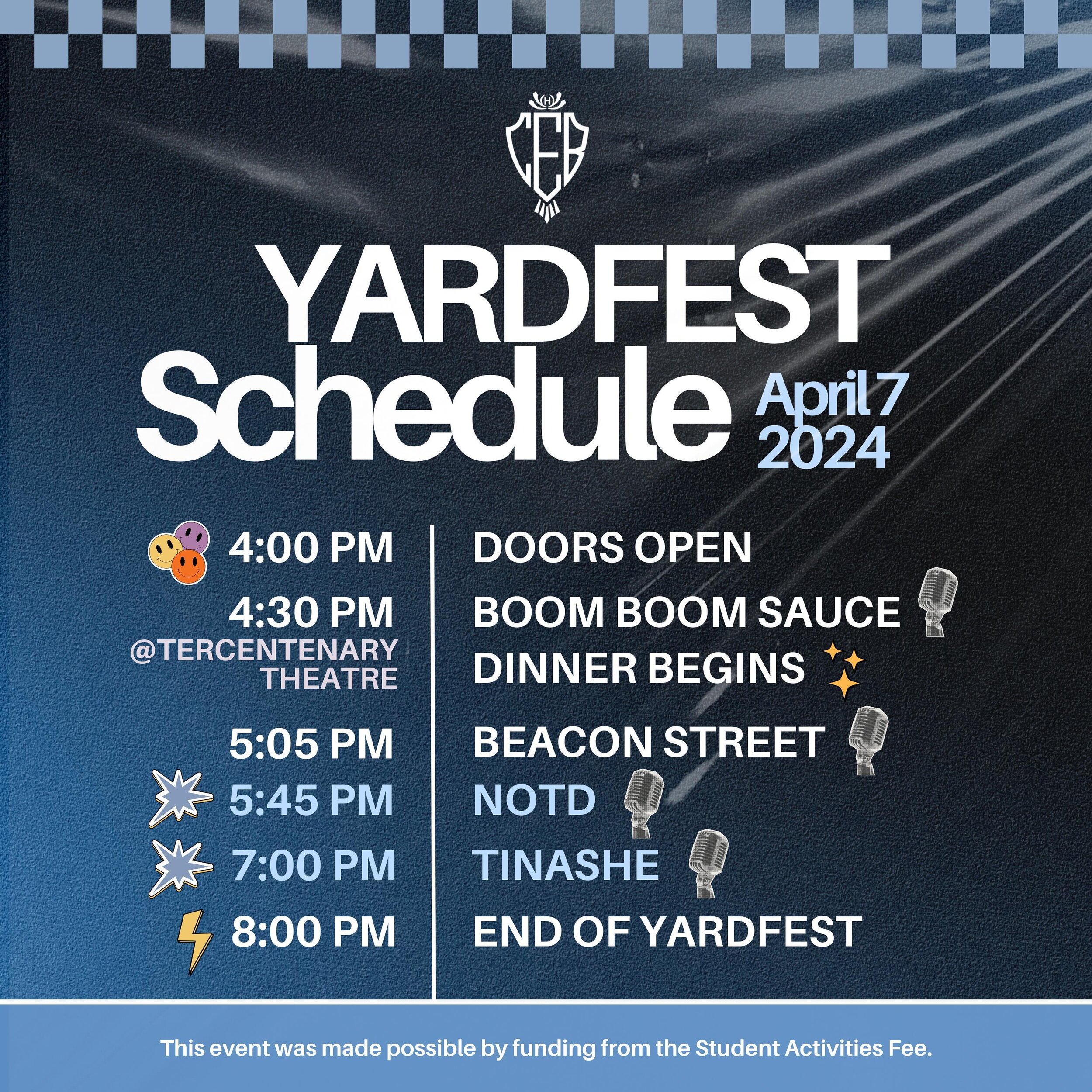 📣 YARDFEST SCHEDULE HAS DROPPED!! #Harvard undergrads, make sure to download the SOCO app; that will be your ticket into the event! Houses will also be running River Parties before 4PM. 

📍Location: Tercentenary Theatre @ Harvard Yard
📅 Date: Apri