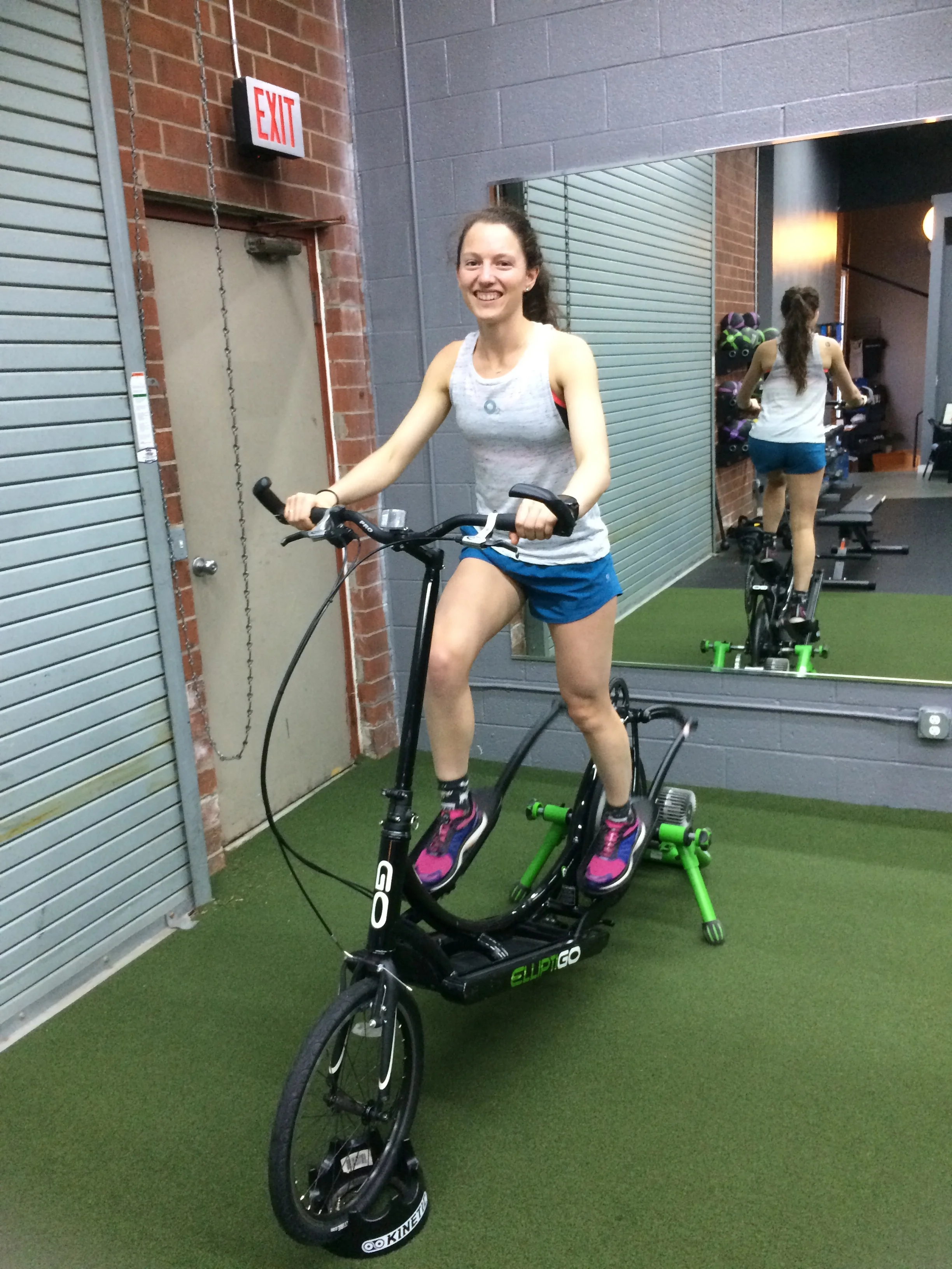 Erin on the ElliptiGO Trainer Post-Boston Marathon!