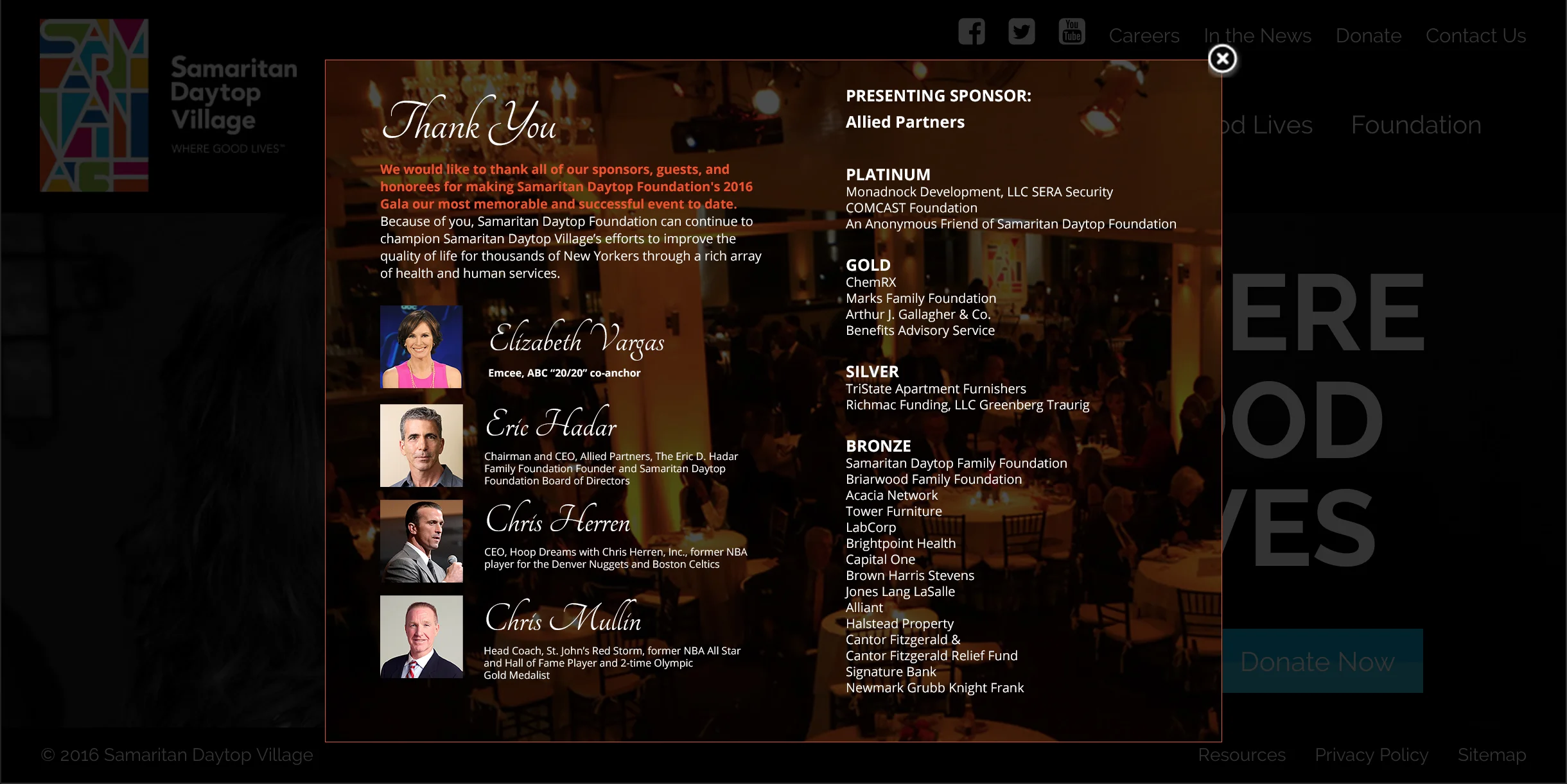 Post Gala thank you on the Samaritan Daytop Village website.