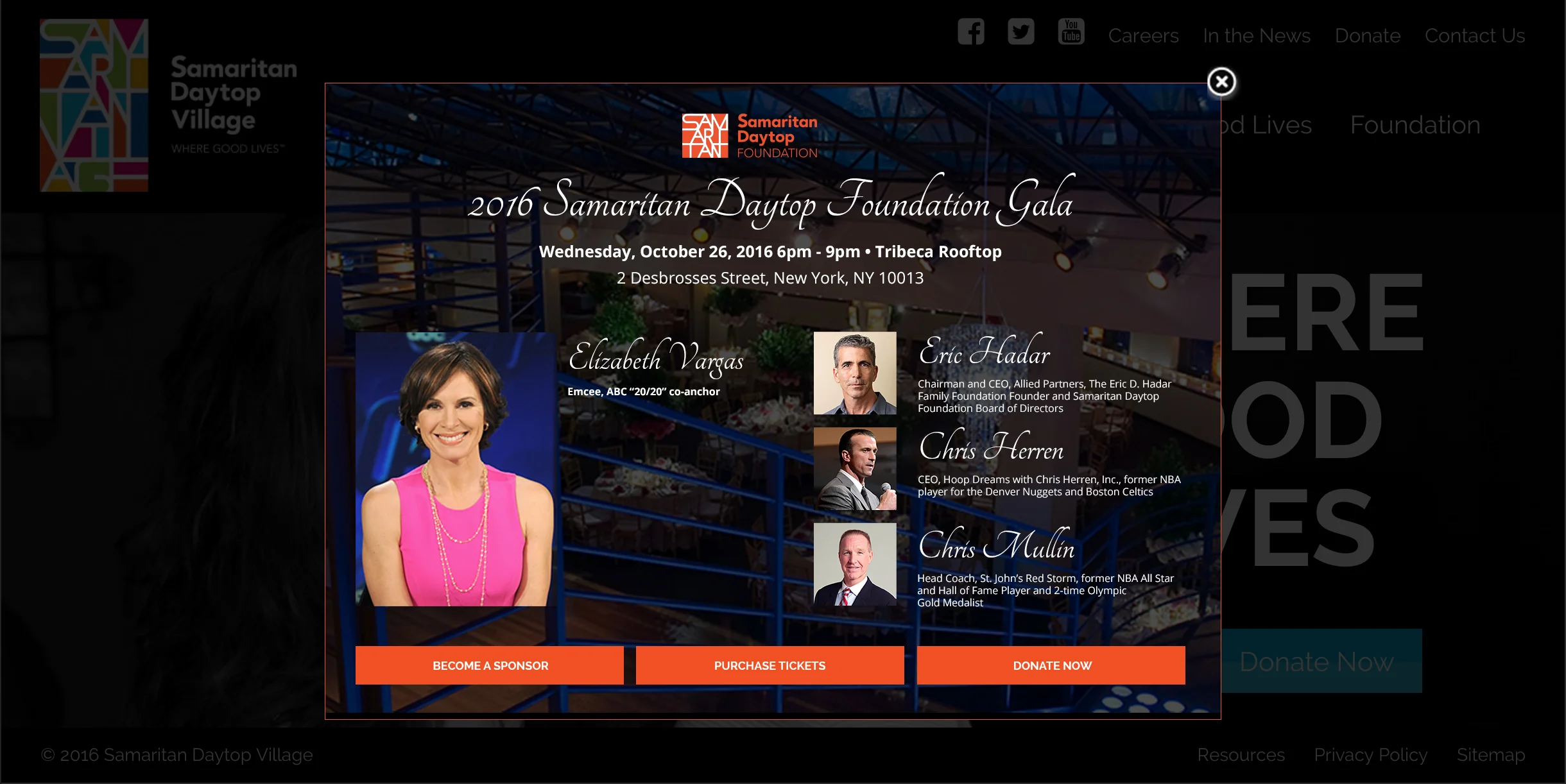 Pre Gala pop-up on the Samaritan Daytop Village website.