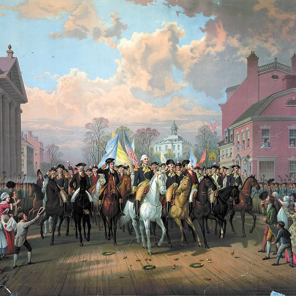 The 1879 painting Evacuation Day and Washington&rsquo;s Triumphal Entry depicts a defining moment in American history: the departure of British forces from New York City on November 25, 1783, following the Treaty of Paris and the end of the American 
