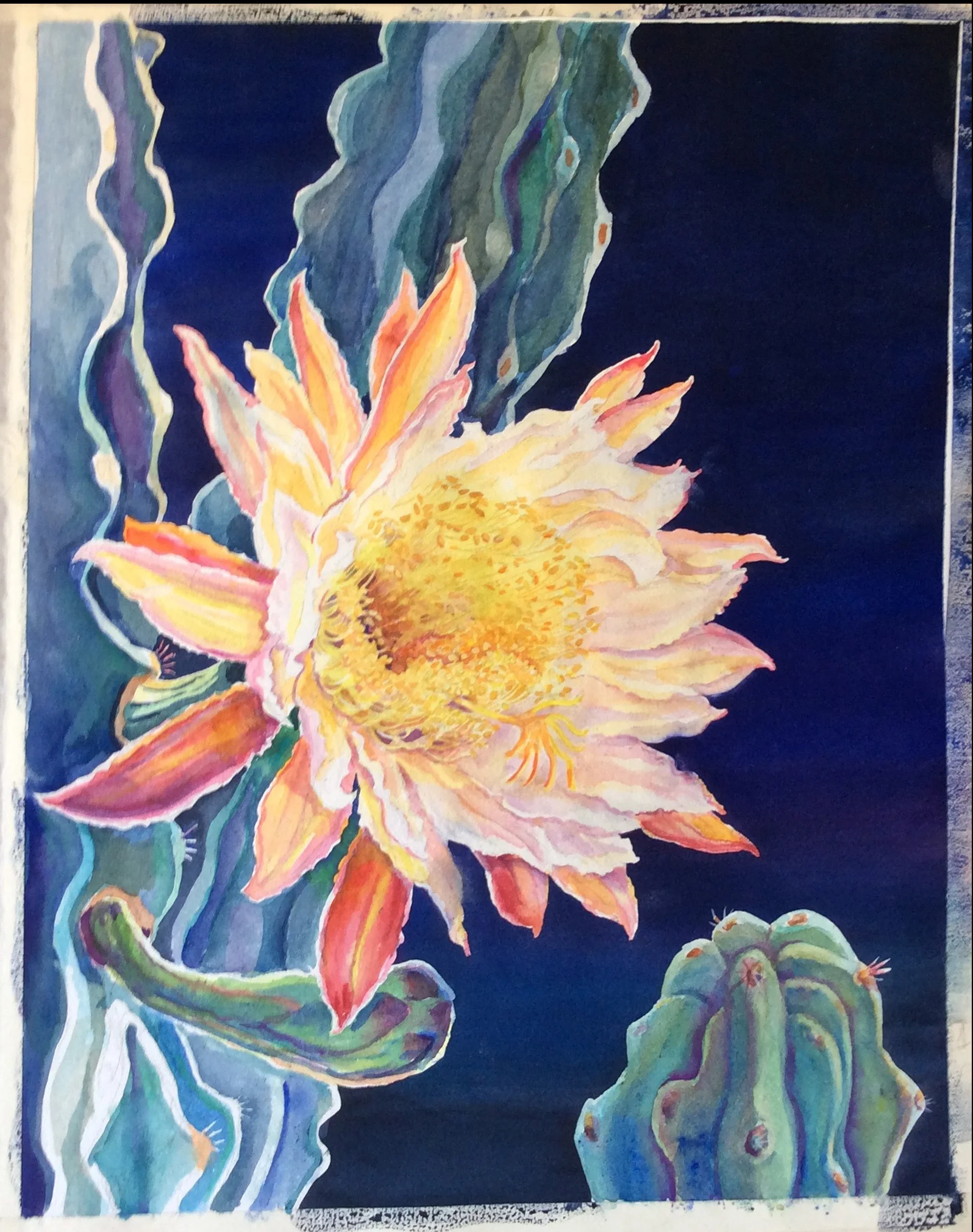 4. Transparent layers of color are gradually added to the flower petal and arms of the cactus.