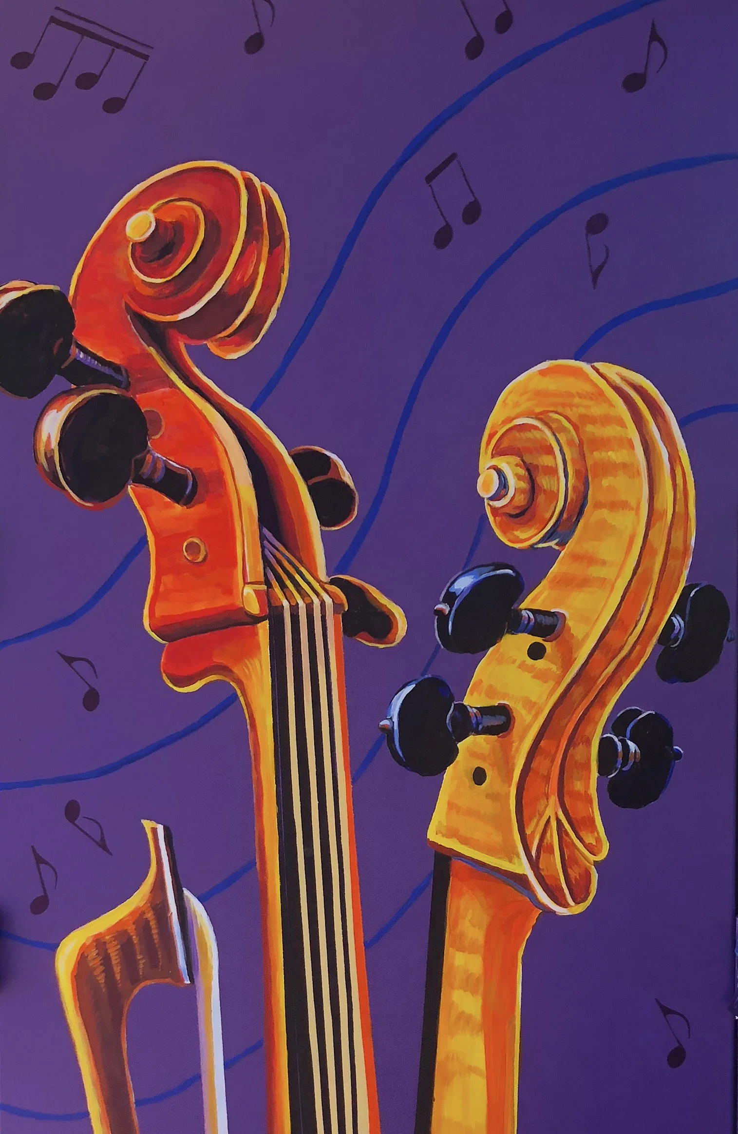 "MUSIC ABOUT TOWN" Cello Heads closeup on the front side