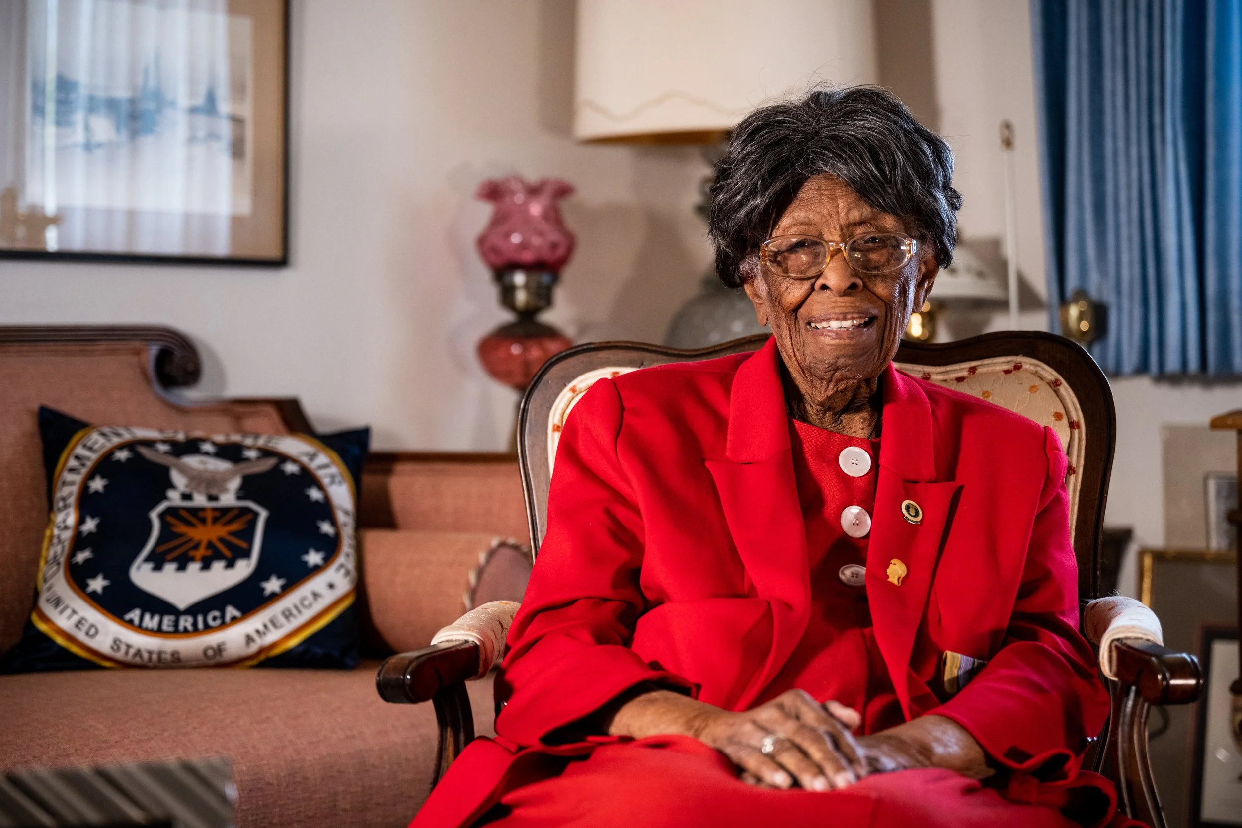 Fannie Griffin-McClendon poses for a portrait in her home. Griffin-McClendon is a 104-year-old U.S. Army and U.S. Air Force Veteran and she is the last living member of the 6888 Central Postal Directory Battalion. Born in Louisiana in 1920, she's