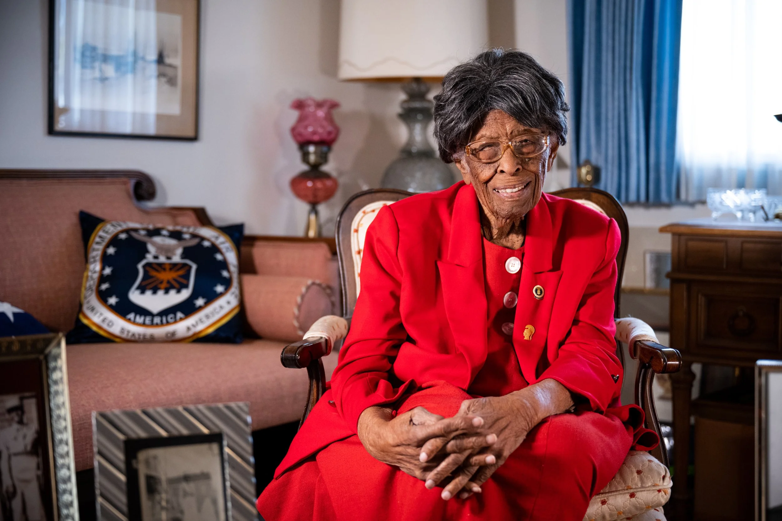 Fannie Griffin-McClendon poses for a portrait in her home. Griffin-McClendon is a 104-year-old U.S. Army and U.S. Air Force Veteran and she is the last living member of the 6888 Central Postal Directory Battalion. Born in Louisiana in 1920, she's