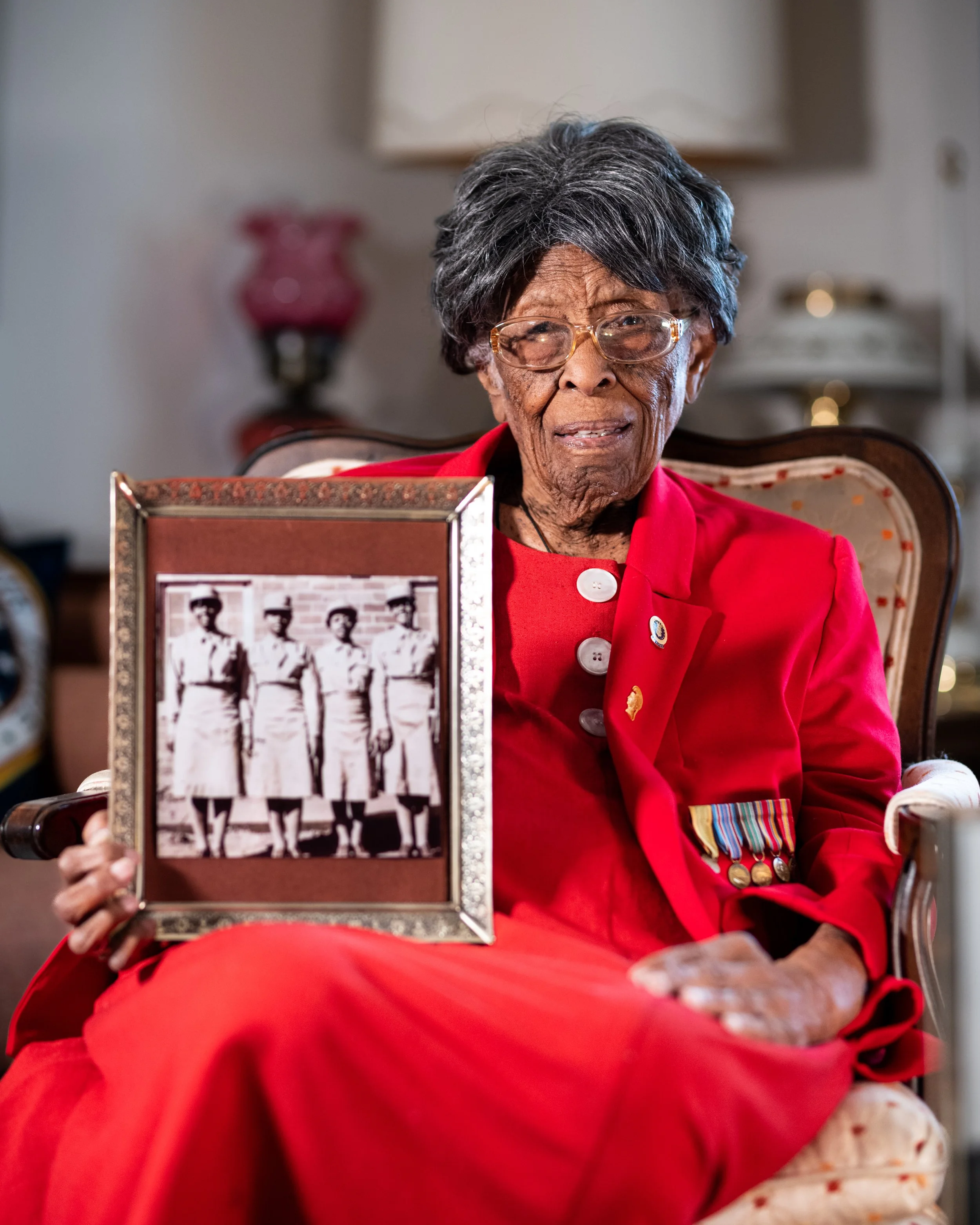 Fannie Griffin-McClendon poses for a portrait in her home. Griffin-McClendon is a 104-year-old U.S. Army and U.S. Air Force Veteran and she is the last living member of the 6888 Central Postal Directory Battalion. Born in Louisiana in 1920, she's