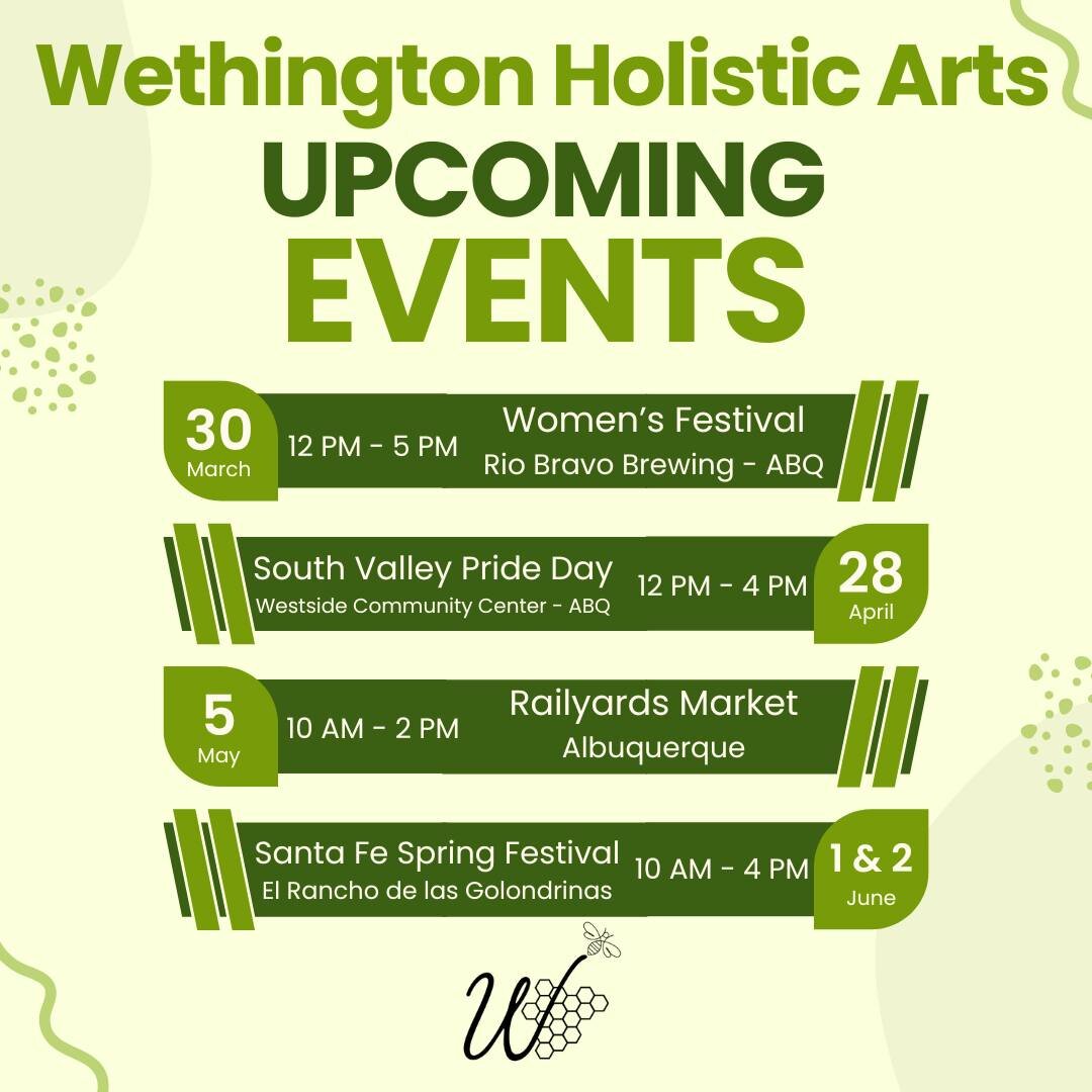 The first few events of market season are looking good!  We hope to see you soon.
#supportlocalmakers #supportartists #supportsmallbusiness #albuquerqueevents #ABQtodo #wethingtonholisticarts