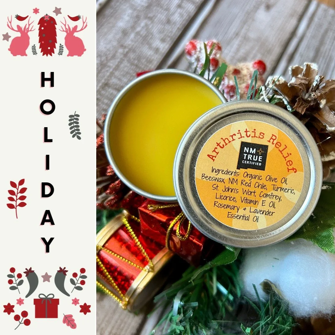 🎁✨ Looking for the perfect handmade gift?
Our Arthritis Relief Salve is coming with us to the @railyardsmarket.abq  Holiday Market on Dec. 13 &amp; 14, 10&ndash;4 pm!
Crafted with soothing herbs &mdash; including New Mexico&rsquo;s own red chile 🌶️