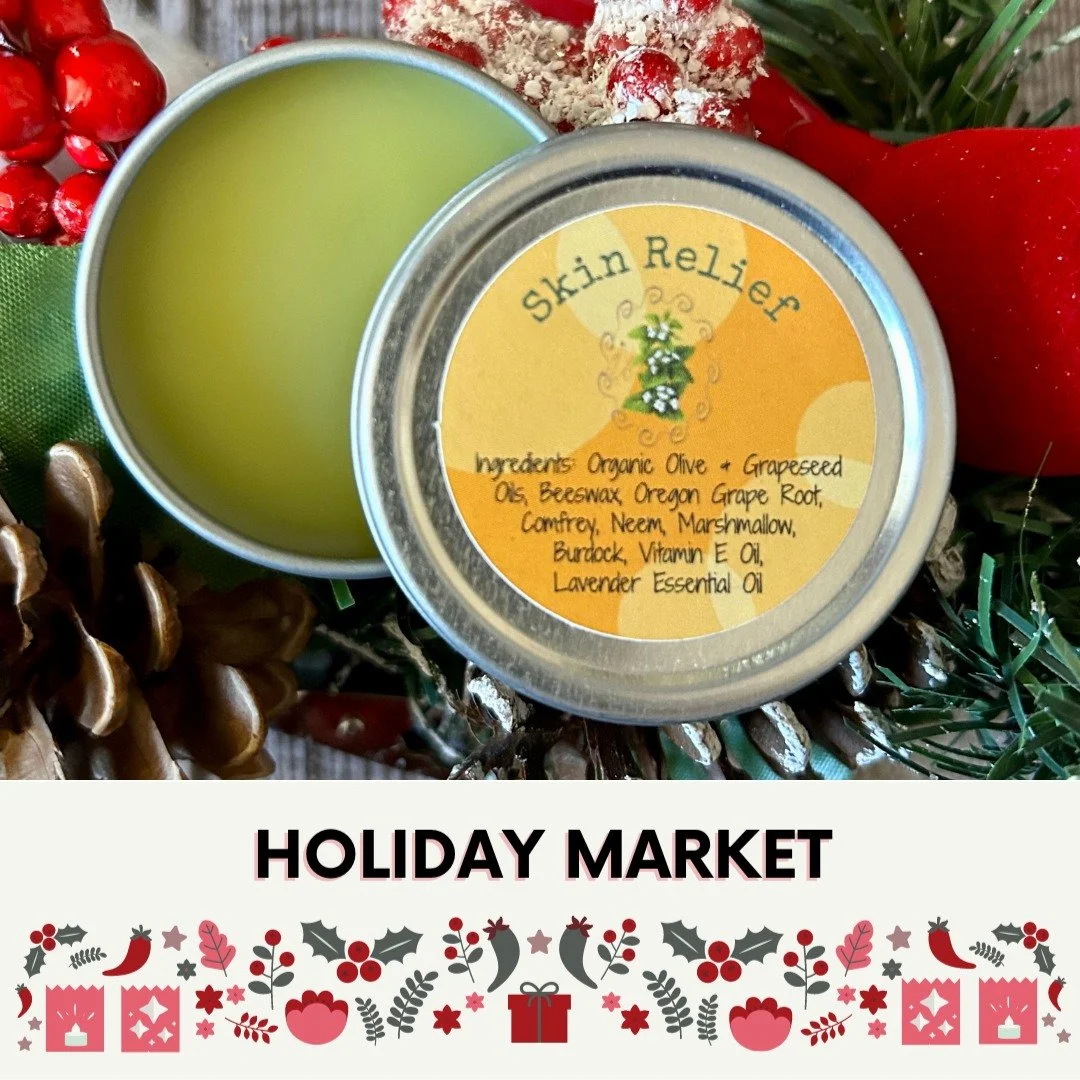 Dry, itchy winter skin? We&rsquo;ve got you 🌿
Our Skin Relief Salve helps soothe irritation and support skin challenged by eczema or psoriasis.
Pick some up at the @railyardsmarket.abq Holiday Market this weekend (Dec 13&ndash;14)! Great stocking st