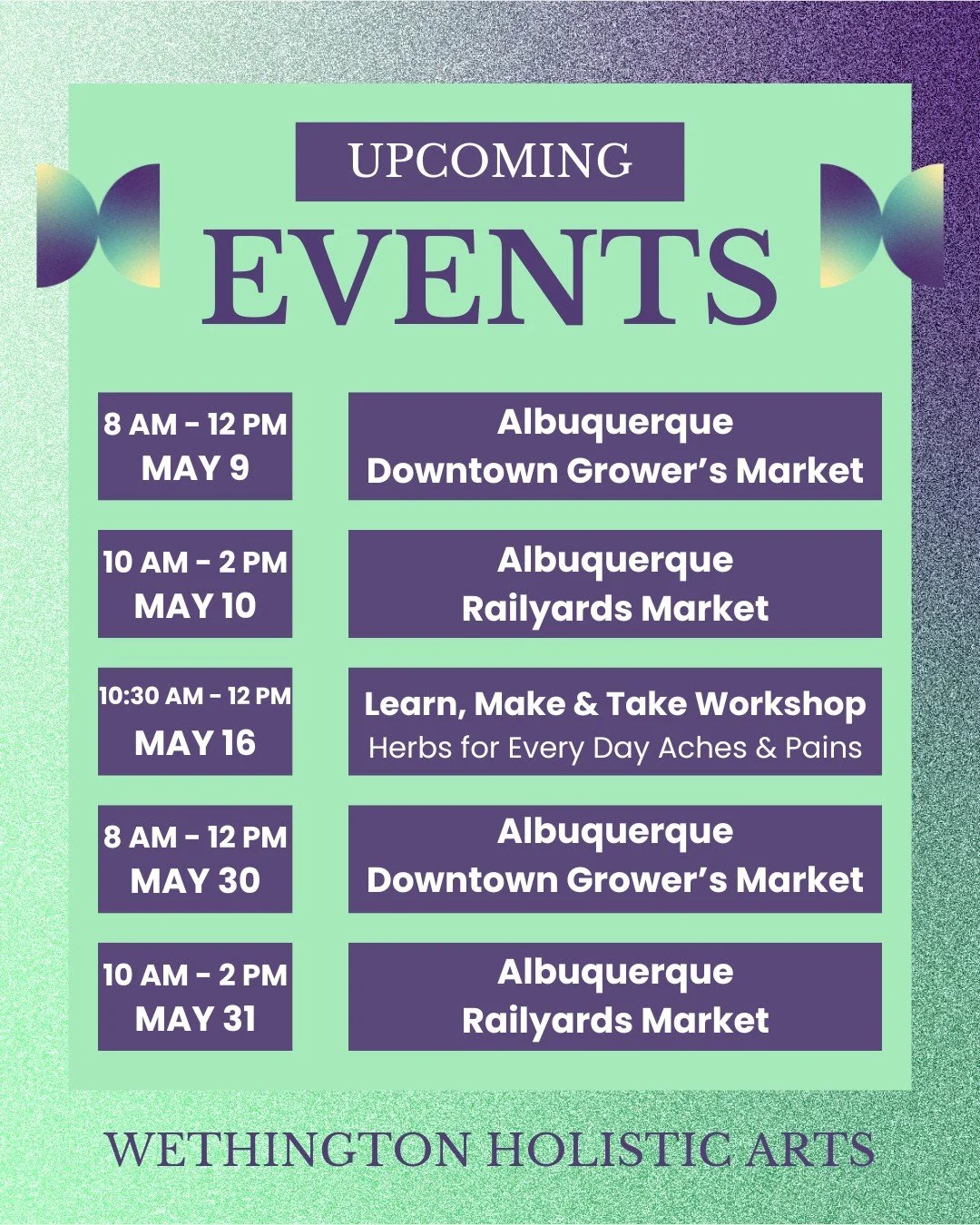 🌿✨ May is full of goodness! ✨🌿
Join us this month at the Downtown Growers Market, Railyards Market, or our next Learn, Make &amp; Take workshop 💚
Come shop local, support small business, and connect with us.
✨ Dates + details in the graphic!

#May
