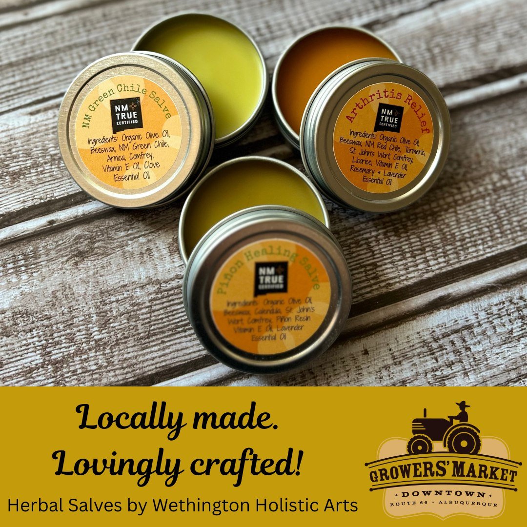 🌶️🌲🌼 Three salves. One desert-loving brand.
Come smell, sample &amp; shop our NM True Certified salves this Saturday at the @downtowngrowers !

✨ Green Chile &bull; Pi&ntilde;on &bull; Arthritis Relief
🕗 8 AM&ndash;Noon | 📍 Robinson Park

Herbal