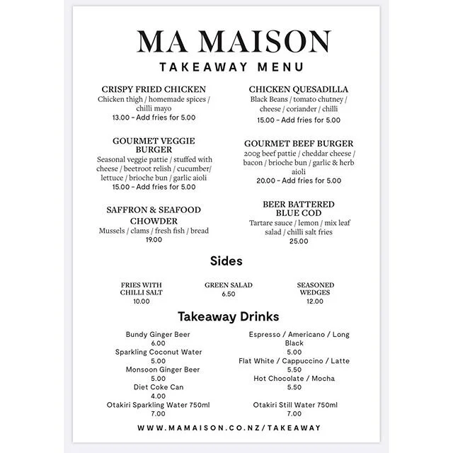 We know you have probably all tried to make Butter Chicken whilst in isolation... fear not we are back! We have missed your faces and cant wait to see them, 5pm Wednesday, with delivery to your door or collection from the Ma Maison terrace.

To order please go to https://www.mamaison.co.nz/takeaway 
Please note to limit the amount of people out and about we will be operating from Ma Maison during level 3, so when picking up your order come to the Ma Maison terrace. 
Open 7 days a week 💙

If unable to order online please call 03 304 7668 - we have a portable PayWave Eftpos machine we can pop on the terrace for you to pay when you collect - all completely contactless of course!