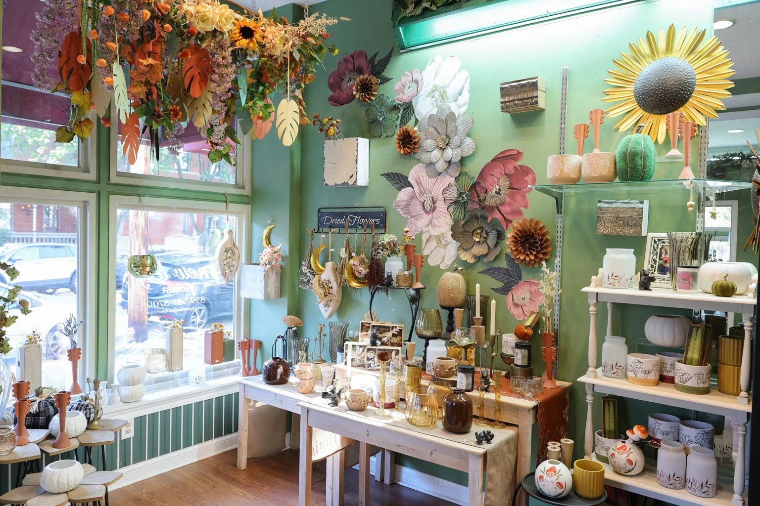 A New Leaf's retail section. This section features clay pots, glass vases,  floral decor , and candles. This section changes with the seasons and holidays