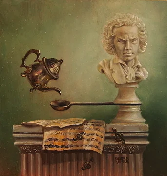 Debra Kierce's Painting "Rollover Beethoven" SOLD at the Randy Higbee "Six Inch Squared Show, which Carrie, Maria and I are also in.