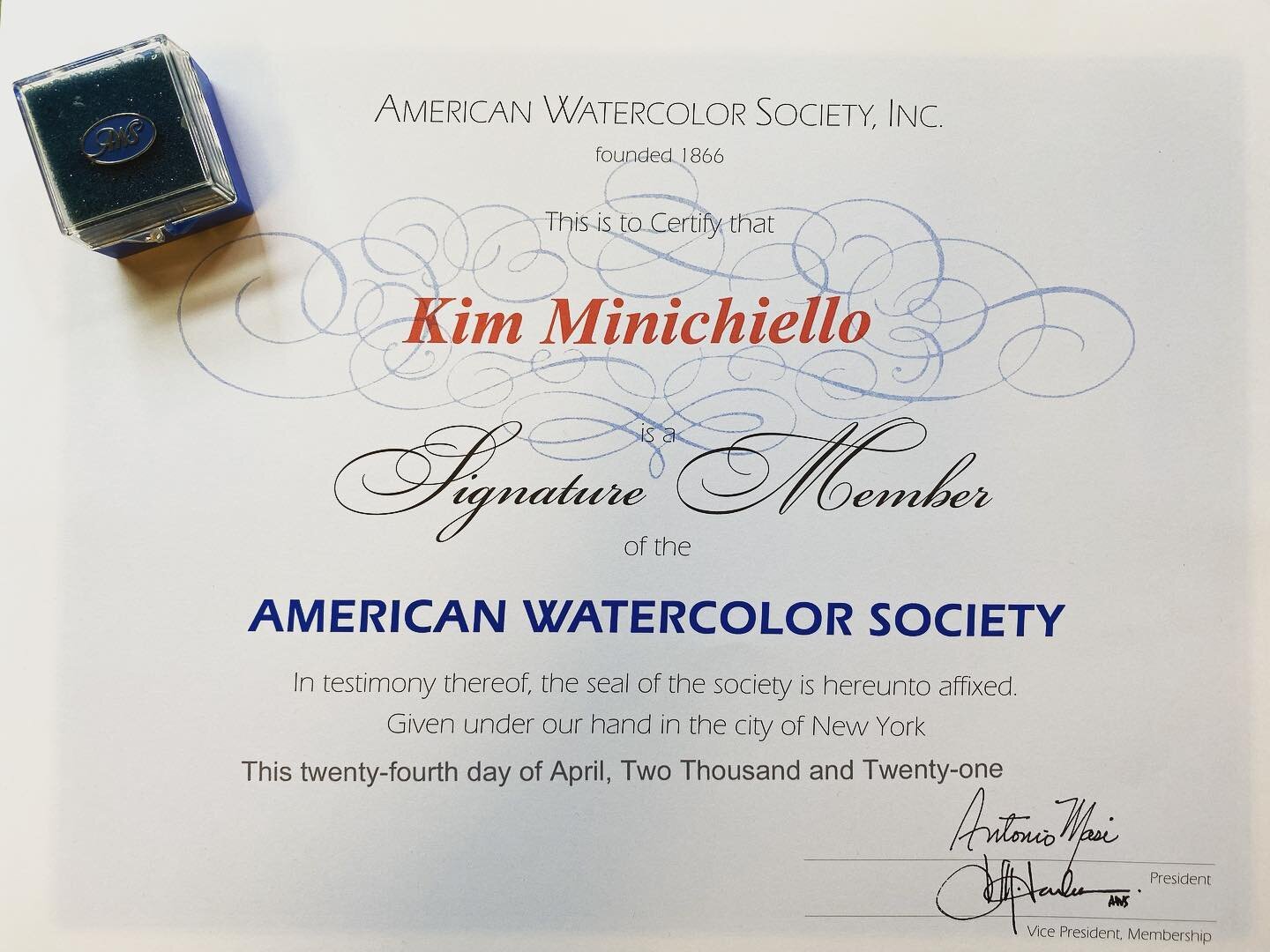 I&rsquo;m pretty proud of this one! Got my signature pin last week. Hopefully, I&rsquo;ll get to wear it at a future show at the Salmagundi Club in New York. It will be so nice to see everyone in person again. 
.
#aws #americanwatercolorsociety #wate