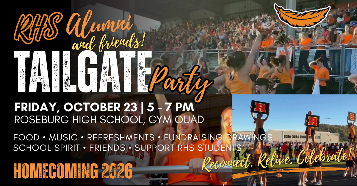 Roseburg High School Foundation RHS Alumni Friends Tailgate Party October 23 2026 RHS Gym Quad