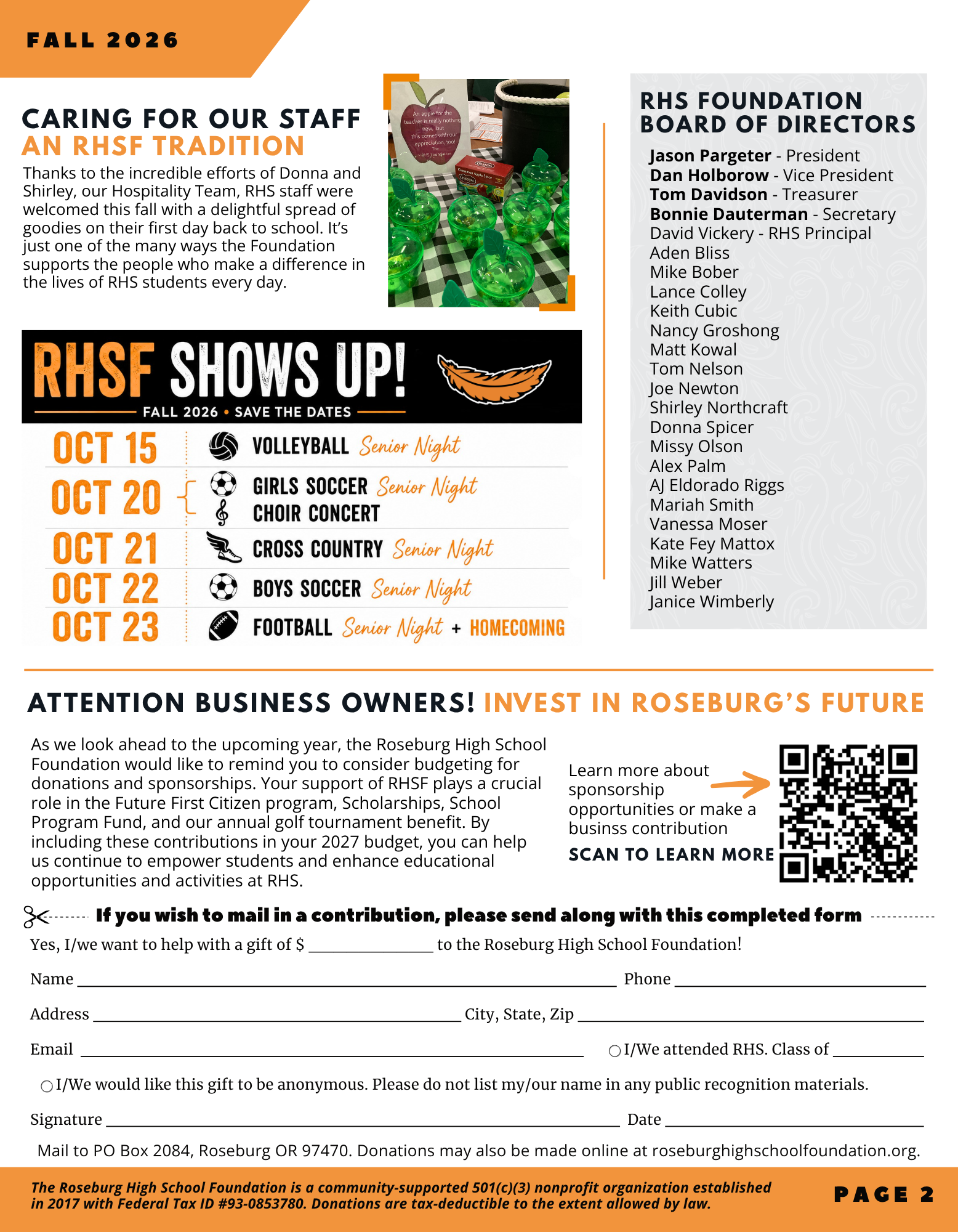 RHS Foundation Fall 2026 newsletter Principal David Vickery message, RHS Alumni & Friends Homecoming Tailgate Party, Foundation Charity Golf Tournament recap, Staff Appreciation, Fall Senior Night Events, Business Donation Opportunities