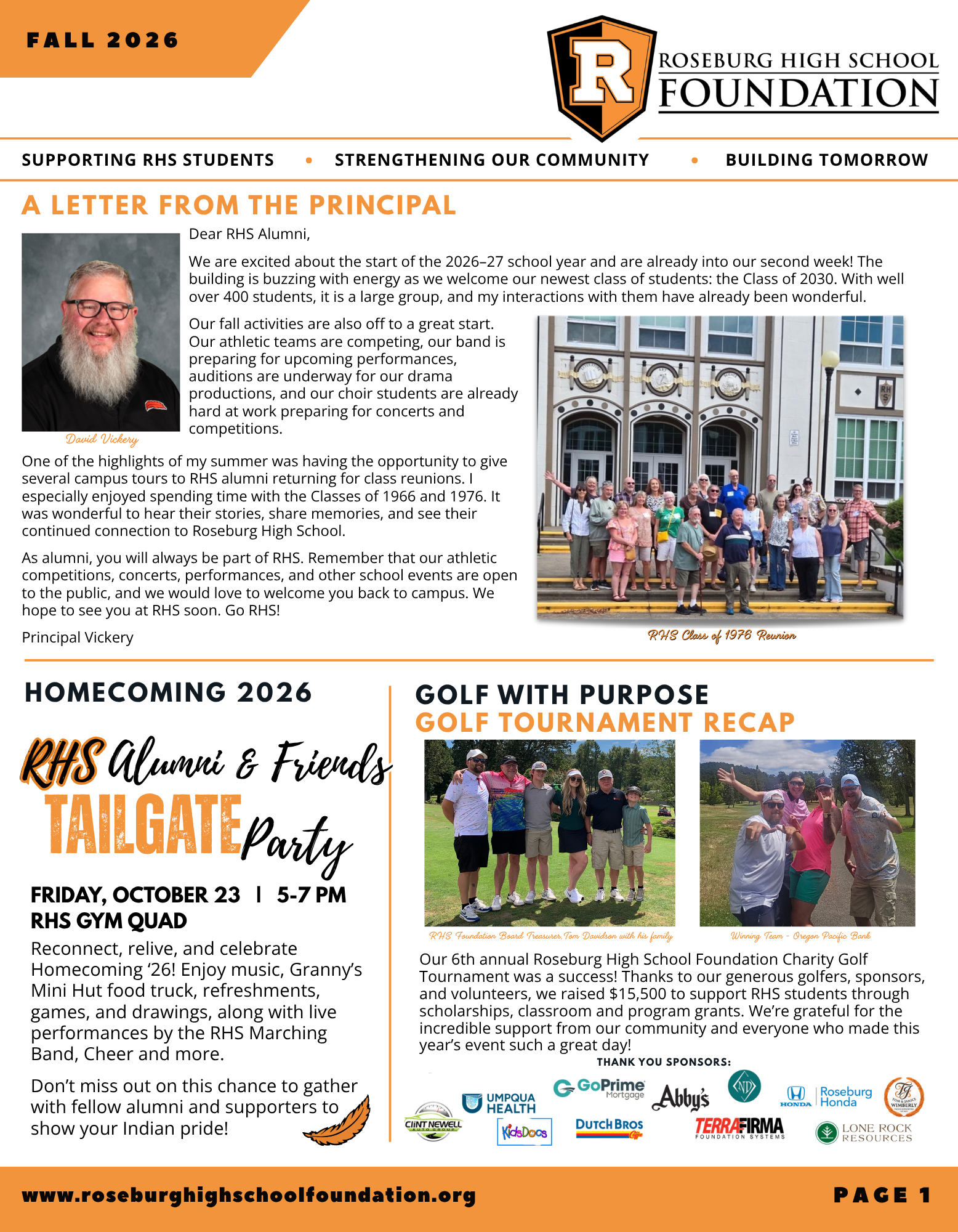 RHS Foundation Fall 2026 newsletter Principal David Vickery message, RHS Alumni & Friends Homecoming Tailgate Party, Foundation Charity Golf Tournament recap, Staff Appreciation, Fall Senior Night Events, Business Donation Opportunities